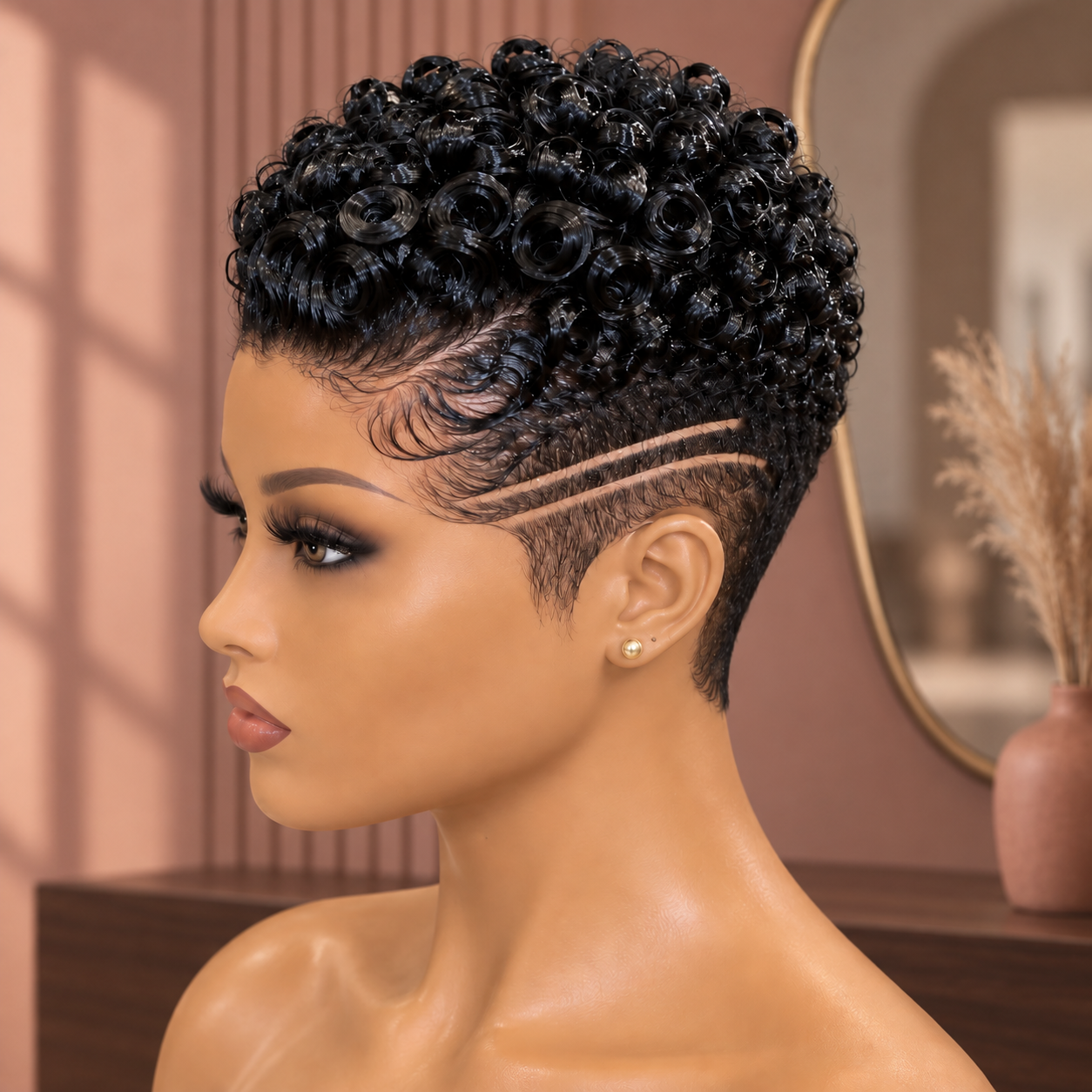 Jet Black Ringlet Pixie Wig With Double Side Lines #haircutsforwomenn