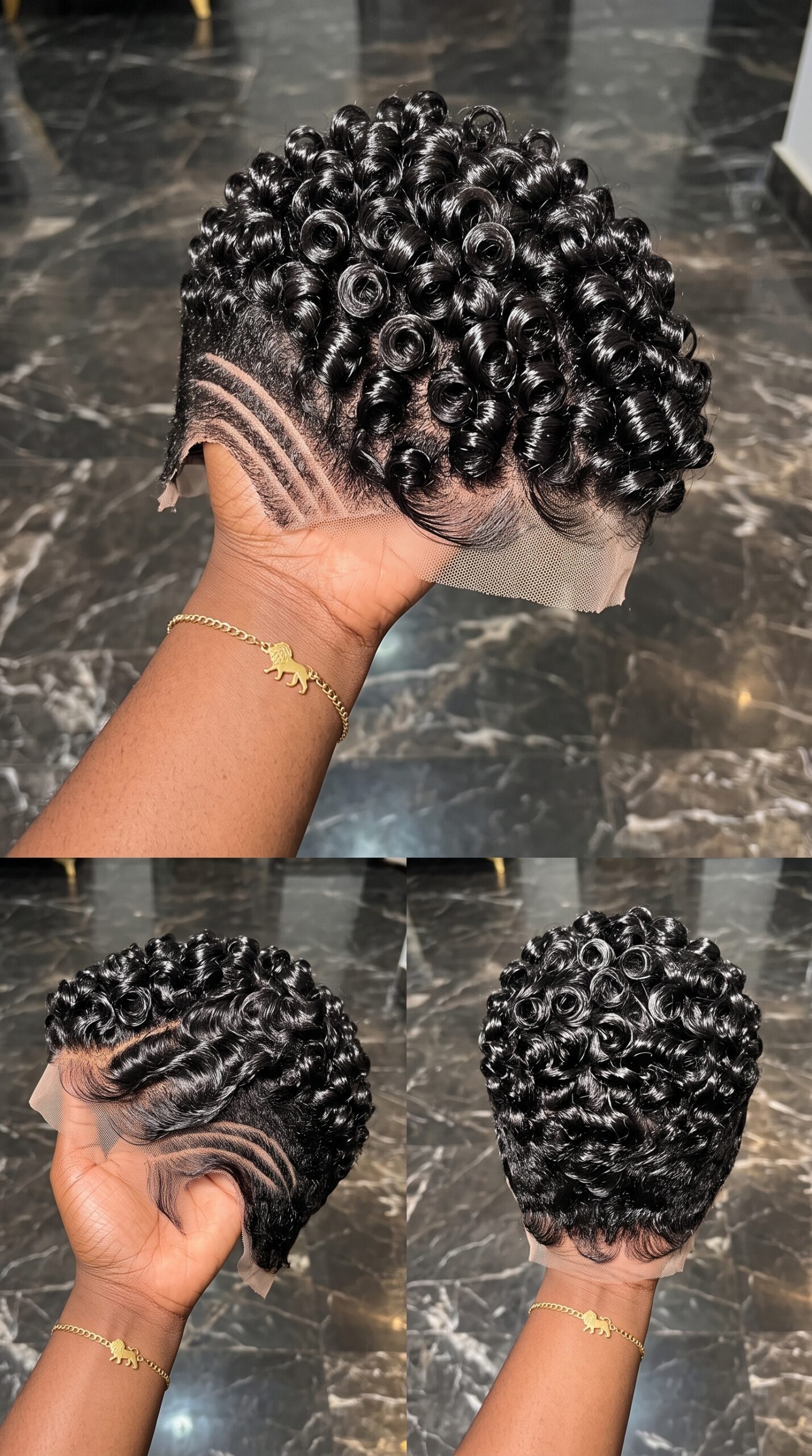 Jet Black Ringlet Pixie Wig With Triple Curved Side Lines #fa