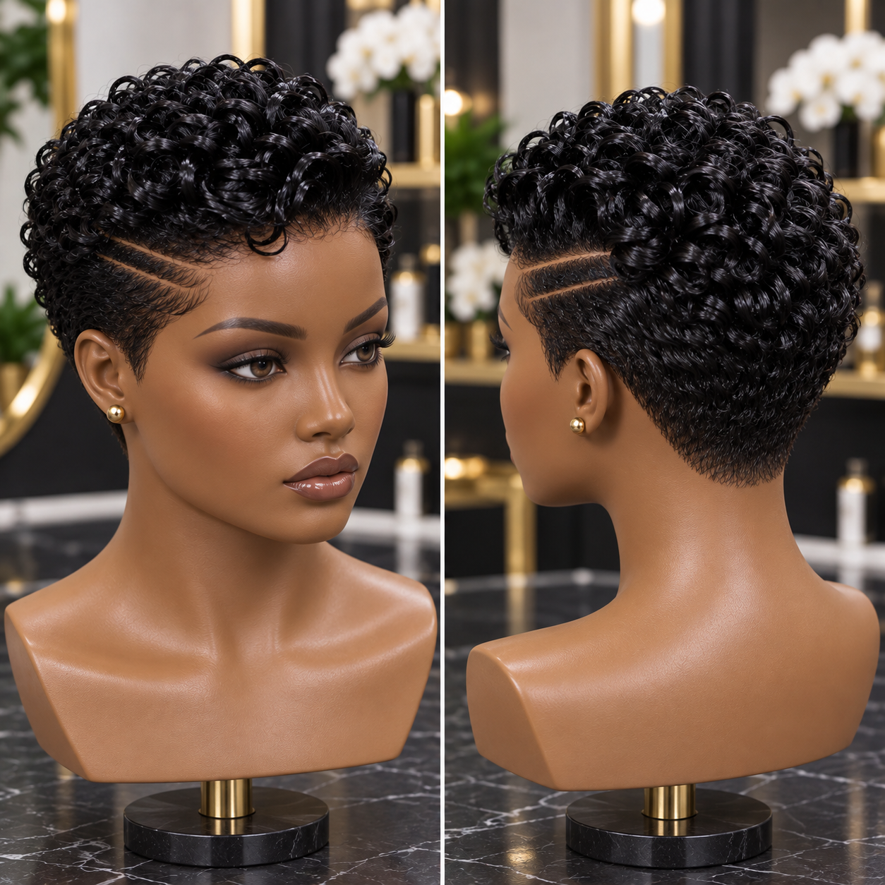 Jet Black Spiral Curl Pixie Wig With Double Side Lines and Tapered Nape #ss