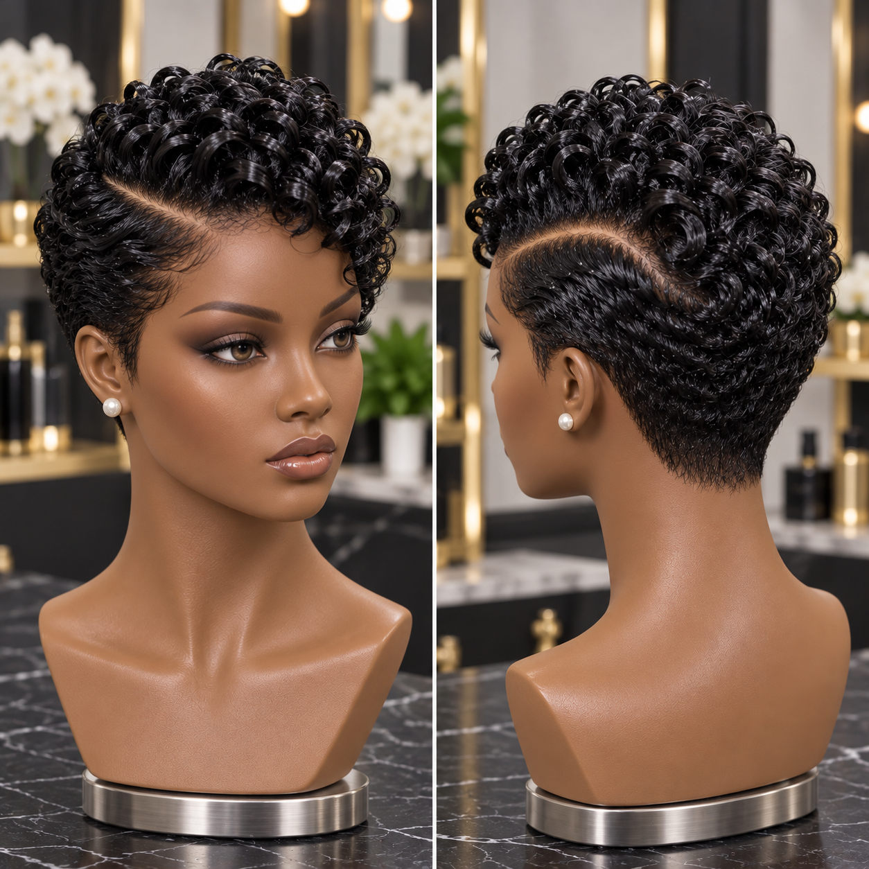 Jet Black Spiral Curl Pixie Wig With a Sweeping Side Part #bc Jet Black Spiral Curl Pixie Wig With a Sweeping Side Part #bc