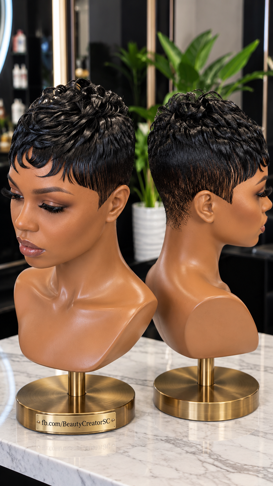 Jet Black Wet-Look Pixie Wig With Tousled Crown Curls and Sleek Tapered Sides #bc