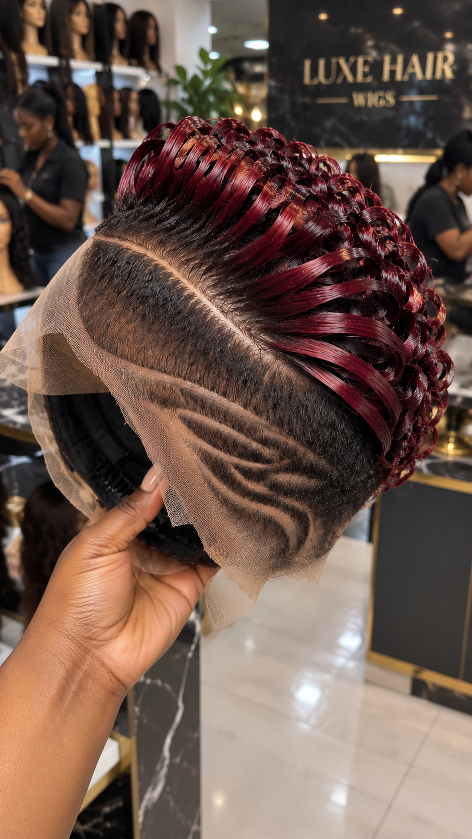 Burgundy Loop Curl Pixie Wig With Dark Tapered Sides and Curved Lines #fah Burgundy Loop Curl Pixie Wig With Dark Tapered Sides and Curved Lines #fah