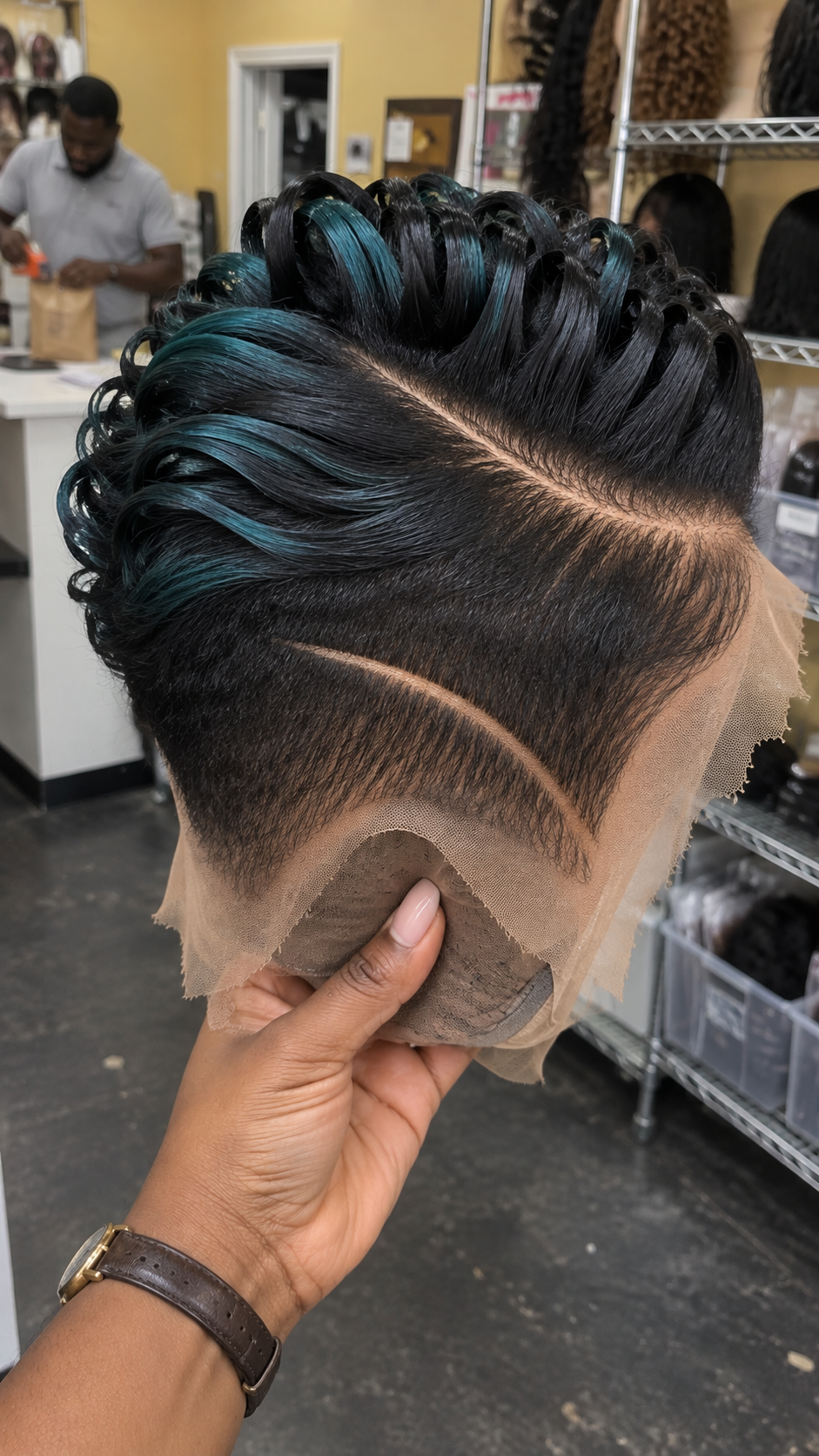 Jet Black Loop Pixie Wig With Teal Blue Ribbons and Curved Side Line #fah Jet Black Loop Pixie Wig With Teal Blue Ribbons and Curved Side Line #fah
