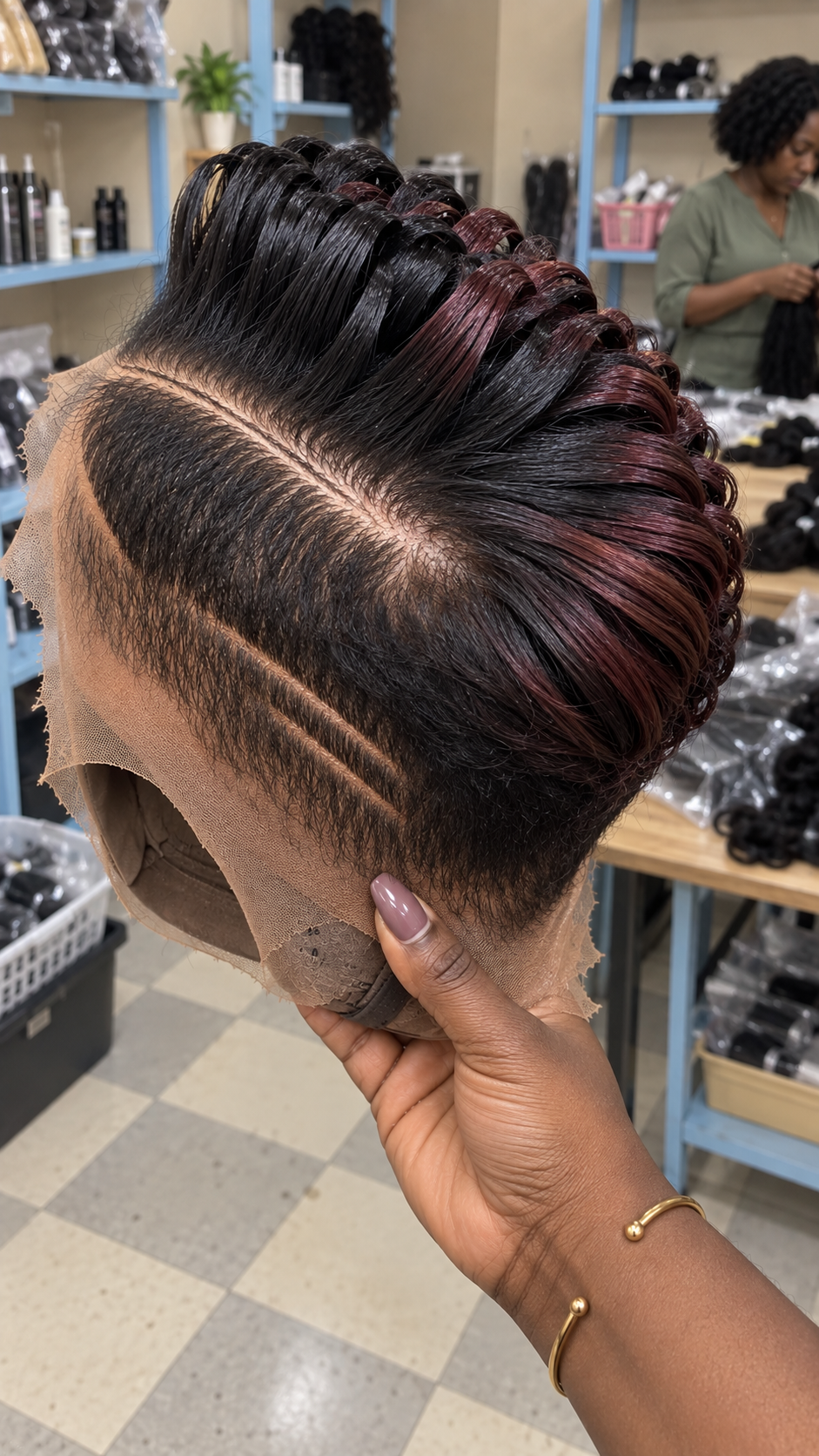 Black Loop Curl Pixie Wig With Burgundy Highlights and Single Side Line #bwih Black Loop Curl Pixie Wig With Burgundy Highlights and Single Side Line #bwih