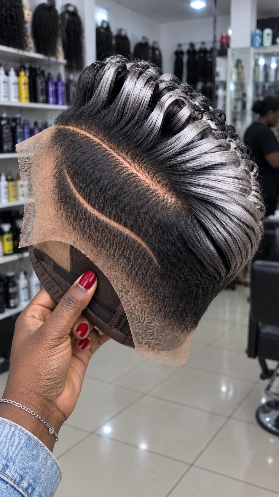 Smoky Silver Loop Curl Pixie Wig With Curved Side-Line Detail #hwbh Smoky Silver Loop Curl Pixie Wig With Curved Side-Line Detail #hwbh