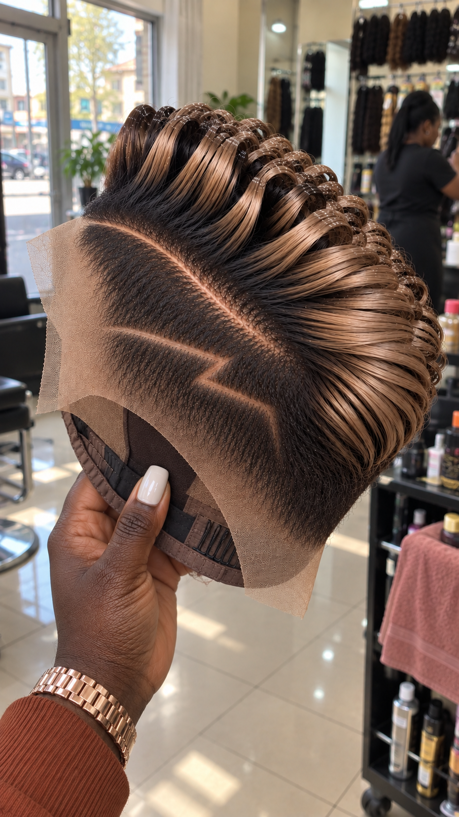 Copper Brown Loop Pixie Wig with Crossing Side-Line Detail #efth Copper Brown Loop Pixie Wig with Crossing Side-Line Detail #efth