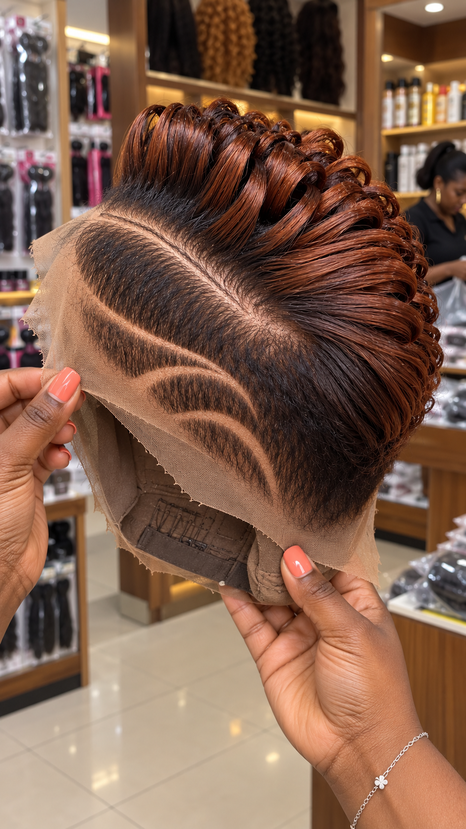 Copper Auburn Loop Pixie Wig With Black Roots And Curved Side Detail #hwbh