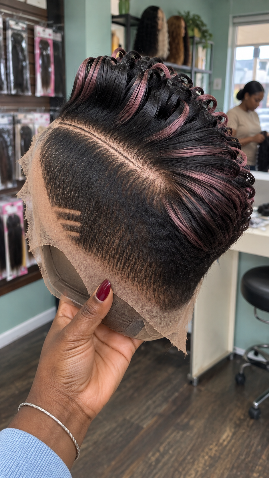 Black Pixie Wig With Dusty Rose Highlights and Triple Side-Line Detail #hwbh Black Pixie Wig With Dusty Rose Highlights and Triple Side-Line Detail #hwbh