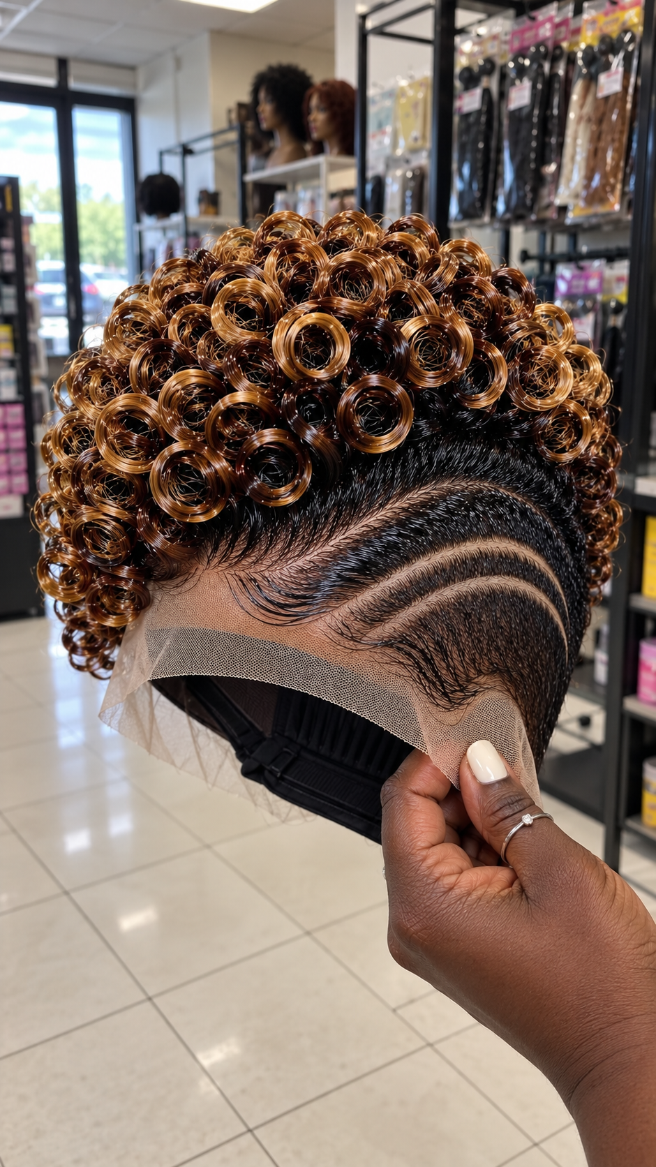 Honey Caramel Ring Curl Pixie Wig With Deep Black Sides and Triple Curved Lines #eft Honey Caramel Ring Curl Pixie Wig With Deep Black Sides and Triple Curved Lines #eft