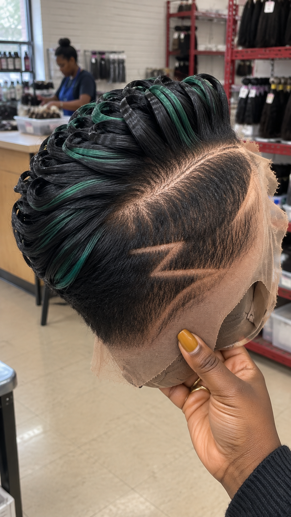 Black Loop Pixie Wig With Emerald Green Highlights and Geometric Side Design #fah Black Loop Pixie Wig With Emerald Green Highlights and Geometric Side Design #fah