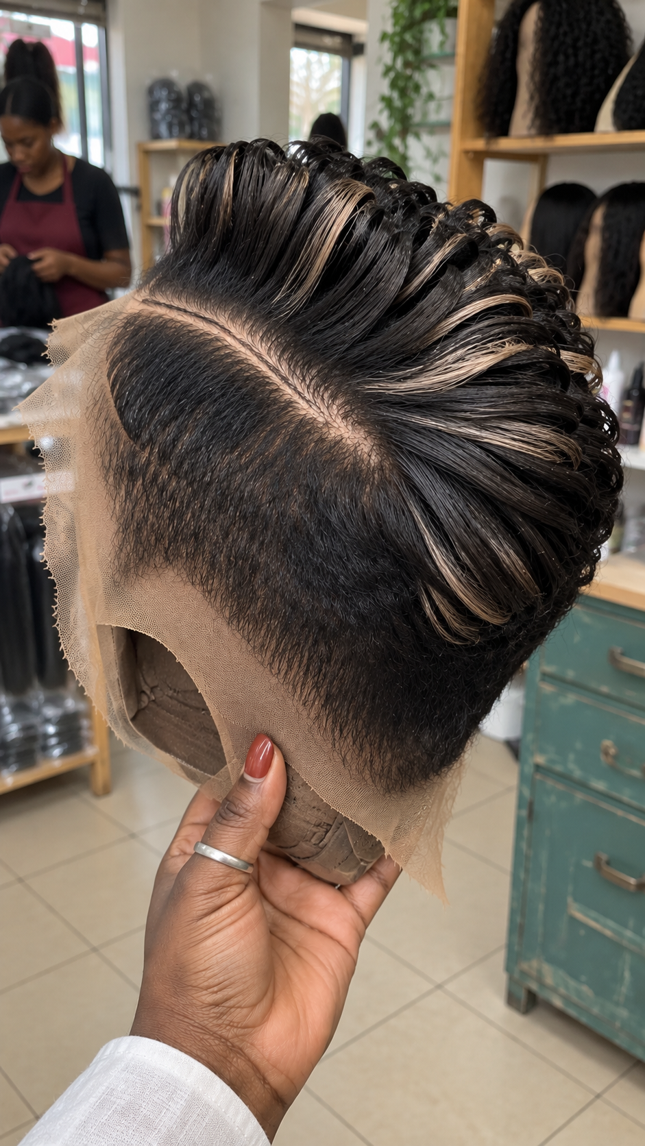 Jet Black Loop Pixie Wig With Champagne Blonde Ribbons and Deep Side Part #afth Jet Black Loop Pixie Wig With Champagne Blonde Ribbons and Deep Side Part #afth