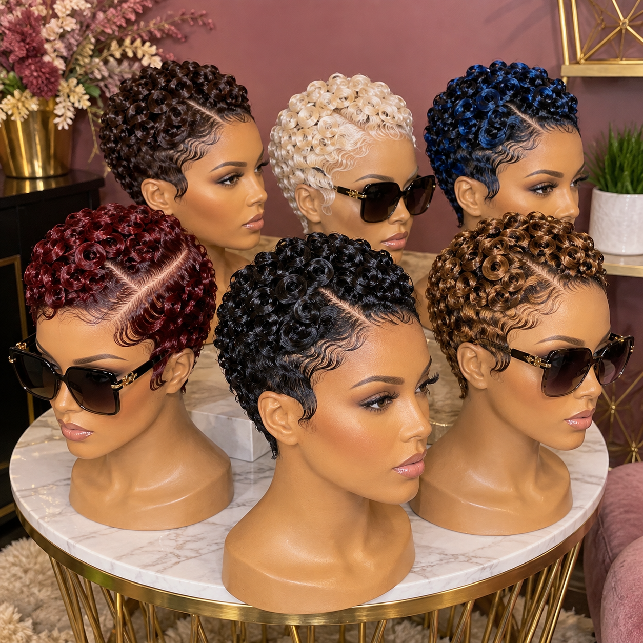 Six Glossy Ringlet Pixie Wigs In Burgundy Blonde Blue Brown And Black #yf Six Glossy Ringlet Pixie Wigs In Burgundy Blonde Blue Brown And Black #yf