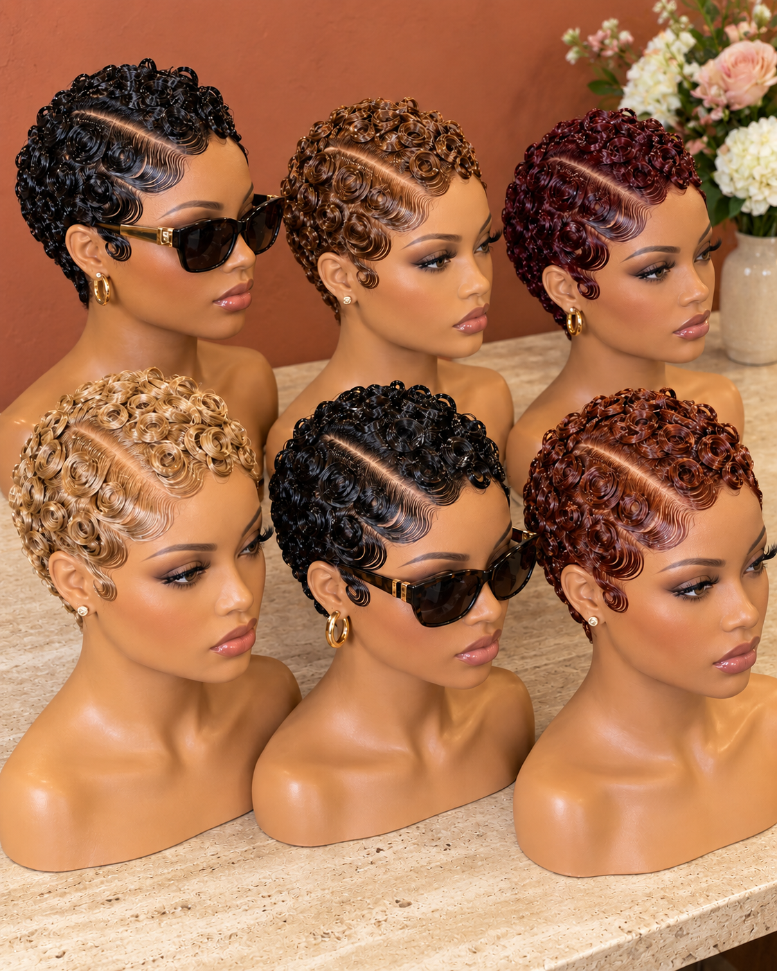 Six Polished Pin Curl Pixie Wigs in Black, Honey, Auburn and Burgundy #flt Six Polished Pin Curl Pixie Wigs in Black, Honey, Auburn and Burgundy #flt