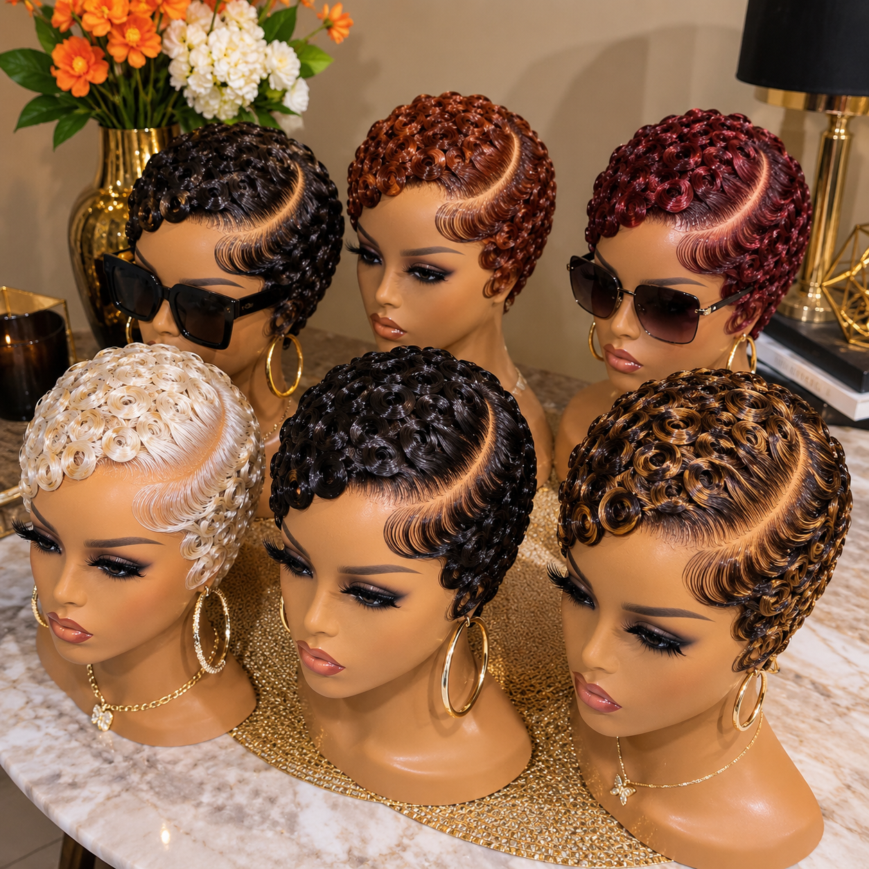 Glossy Pin Curl Pixie Wigs With Deep Curved Side Parts #yf Glossy Pin Curl Pixie Wigs With Deep Curved Side Parts #yf