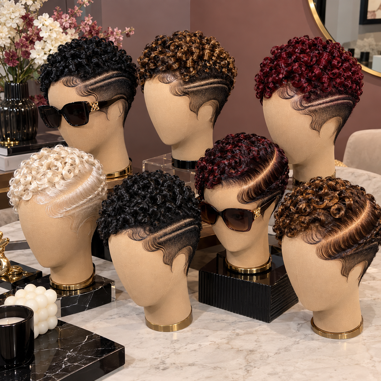 Multi-Color Ring Curl Pixie Wigs With Sweeping Side Waves and Double Curve Detail #ss Multi-Color Ring Curl Pixie Wigs With Sweeping Side Waves and Double Curve Detail #ss