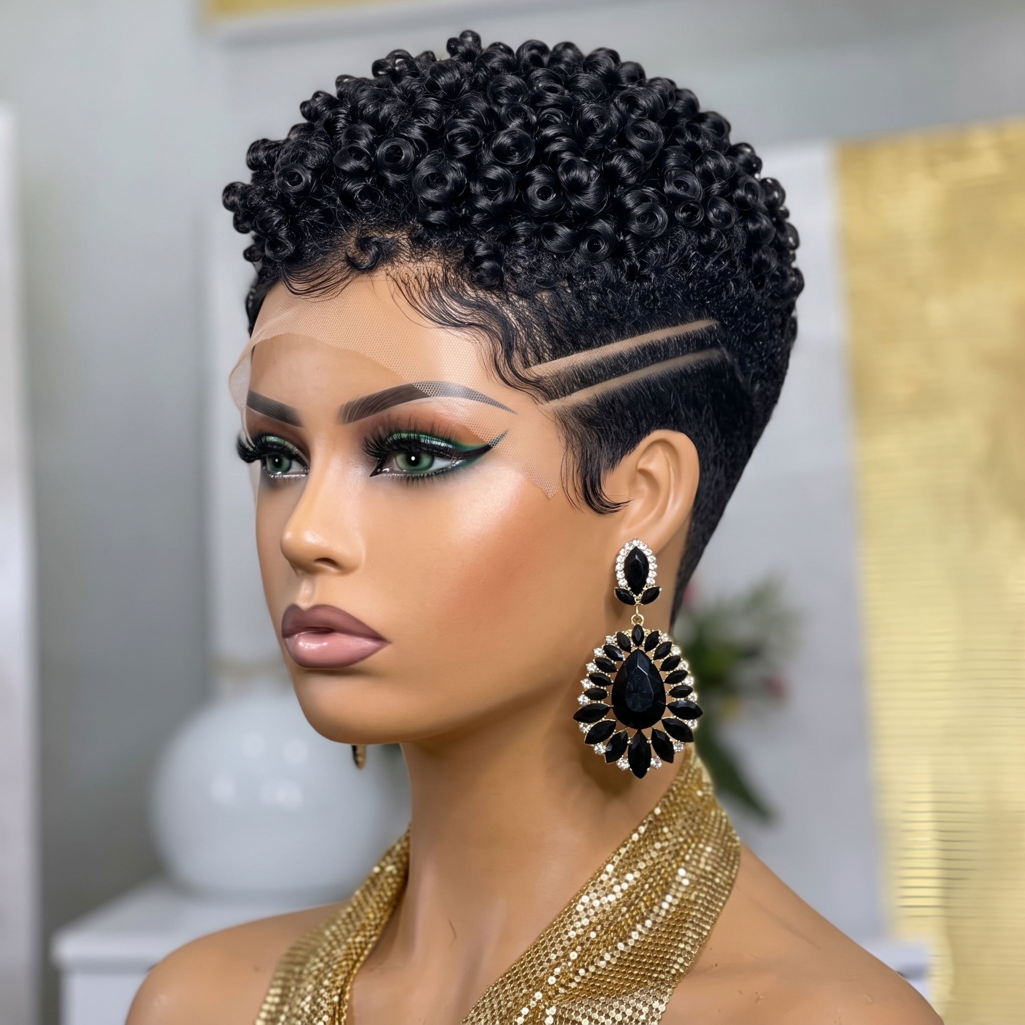Jet Black Ringlet Pixie Wig With Double Side Lines #fl Jet Black Ringlet Pixie Wig With Double Side Lines #fl