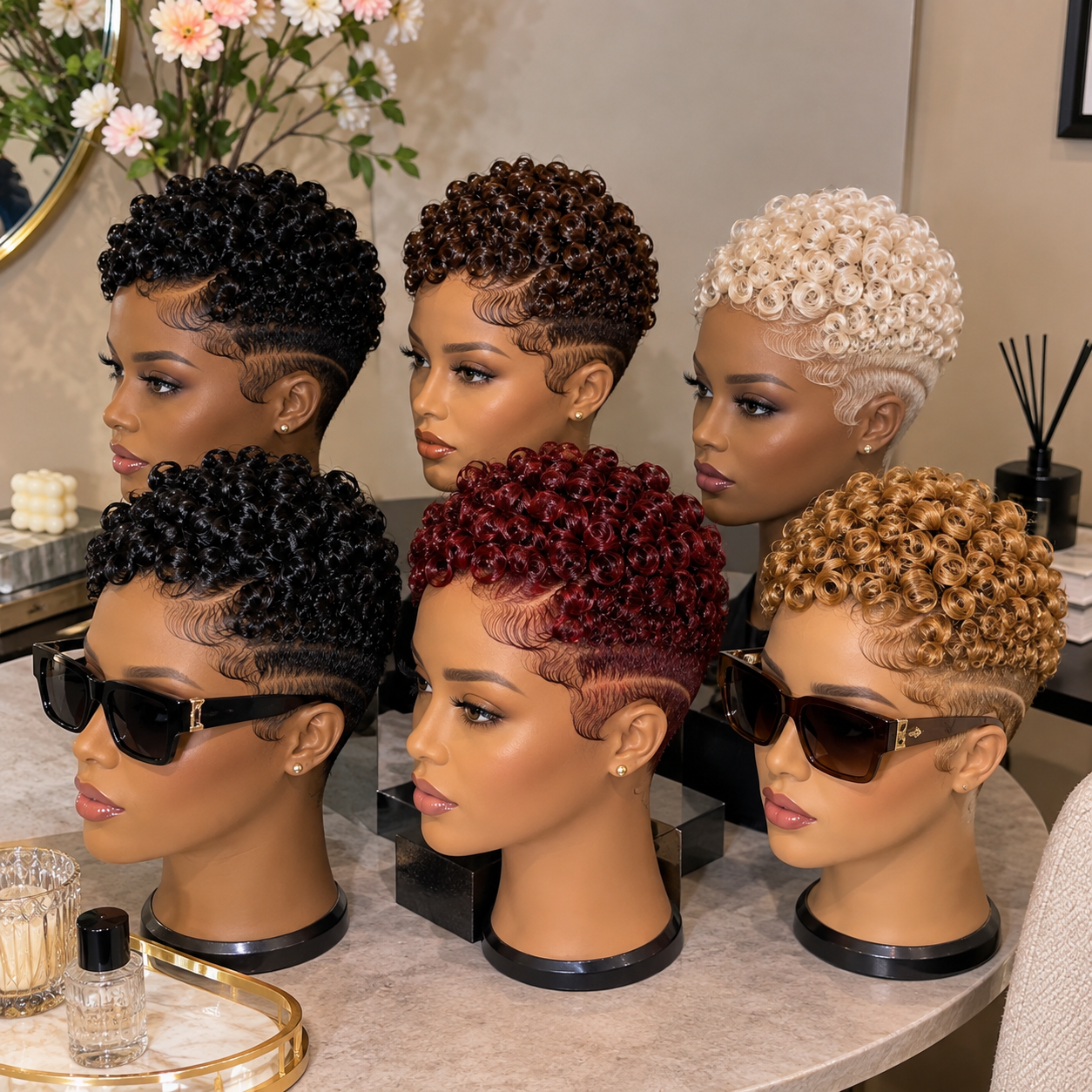 Glossy Ringlet Pixie Wigs With Sculpted Temple Waves In Black, Burgundy, Blonde And Brown #ss Glossy Ringlet Pixie Wigs With Sculpted Temple Waves In Black, Burgundy, Blonde And Brown #ss