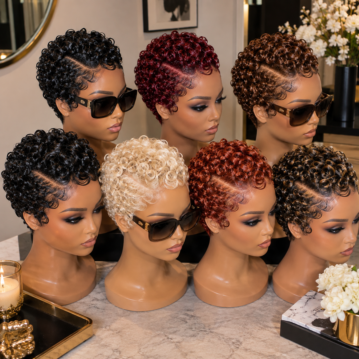 Glossy Ringlet Pixie Wigs In Jet Black, Burgundy, Copper, Blonde And Caramel #bwi