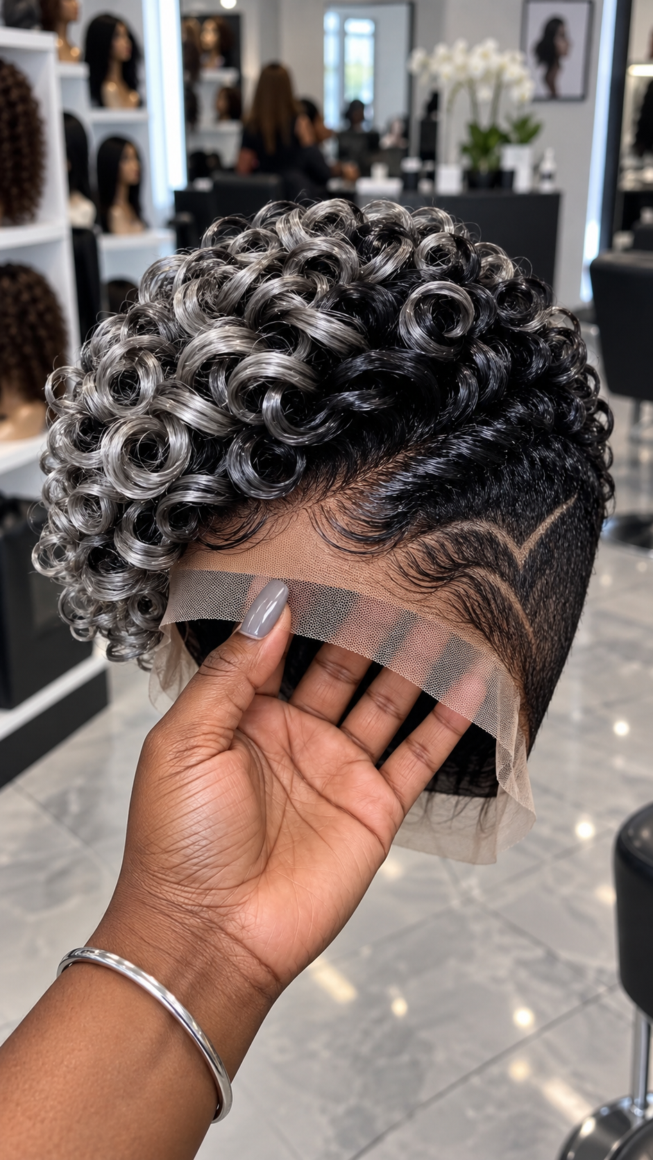 Smoky Silver Ringlet Pixie Wig With Black Tapered Sides And Carved Lines #apd Smoky Silver Ringlet Pixie Wig With Black Tapered Sides And Carved Lines #apd