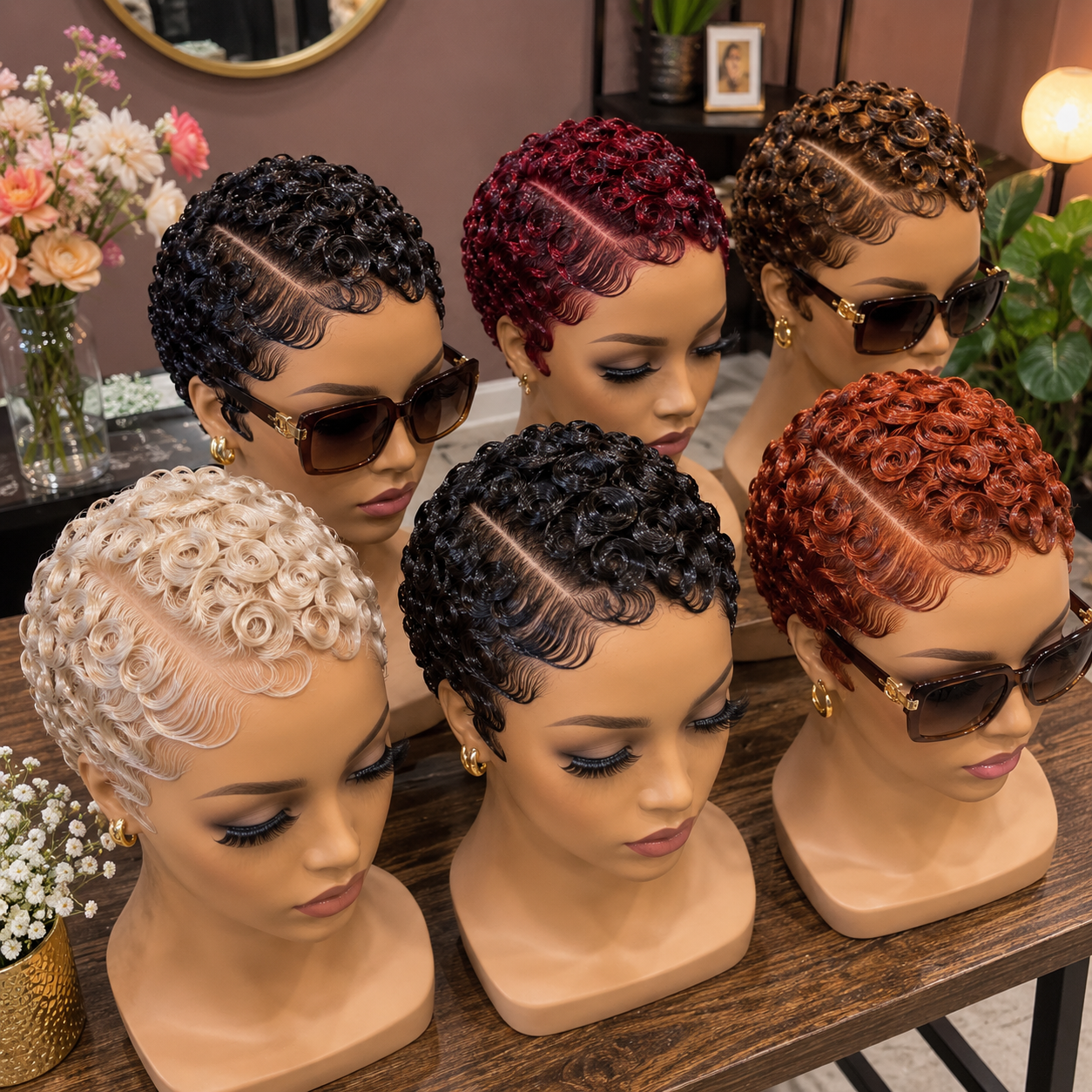 Copper, Burgundy and Blonde Pin Curl Pixie Wigs With Sculpted Side Parts #bb Copper, Burgundy and Blonde Pin Curl Pixie Wigs With Sculpted Side Parts #bb