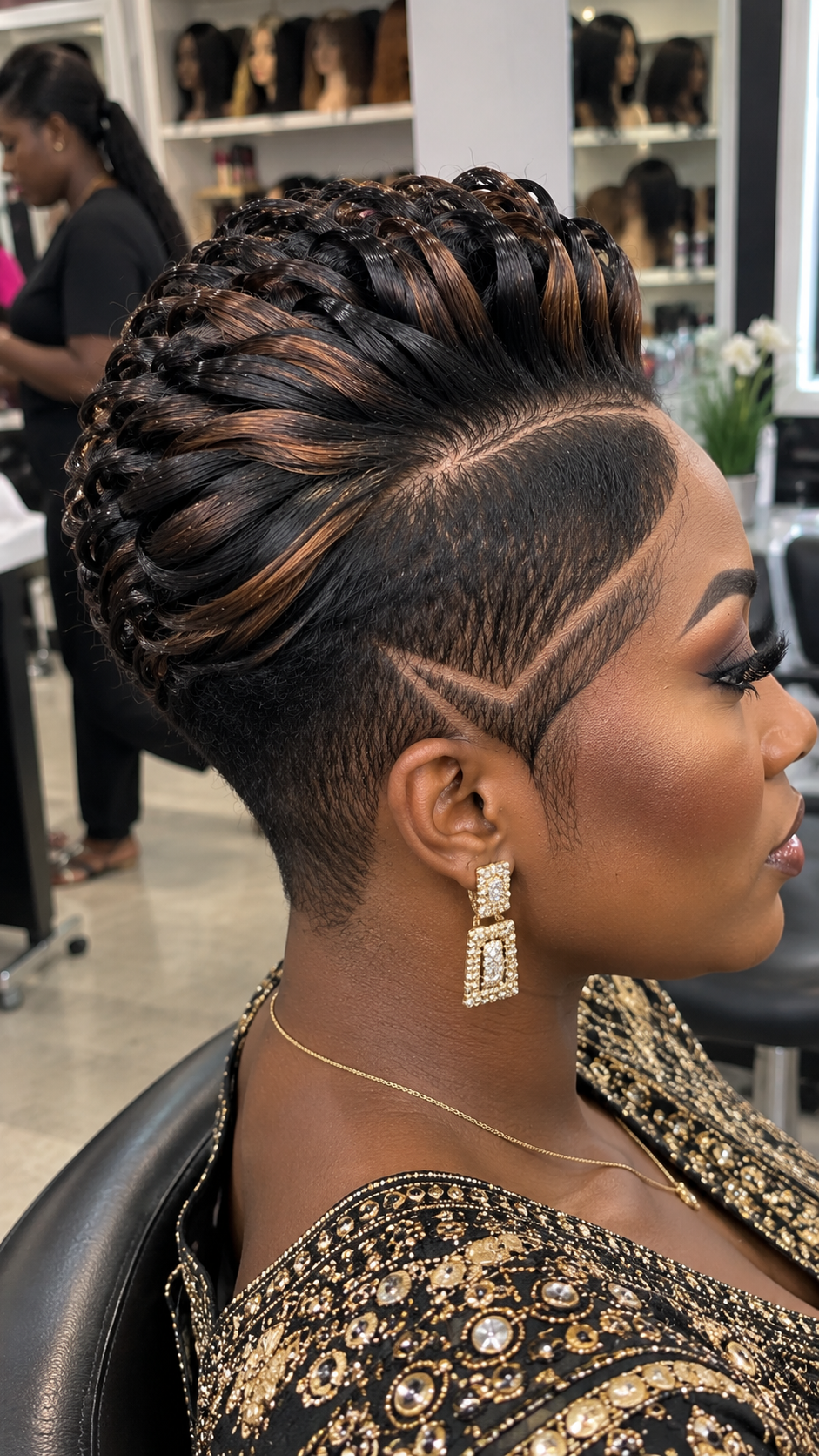 Jet Black Loop Pixie Wig With Caramel Ribbons and Double Side Lines #ssh Jet Black Loop Pixie Wig With Caramel Ribbons and Double Side Lines #ssh