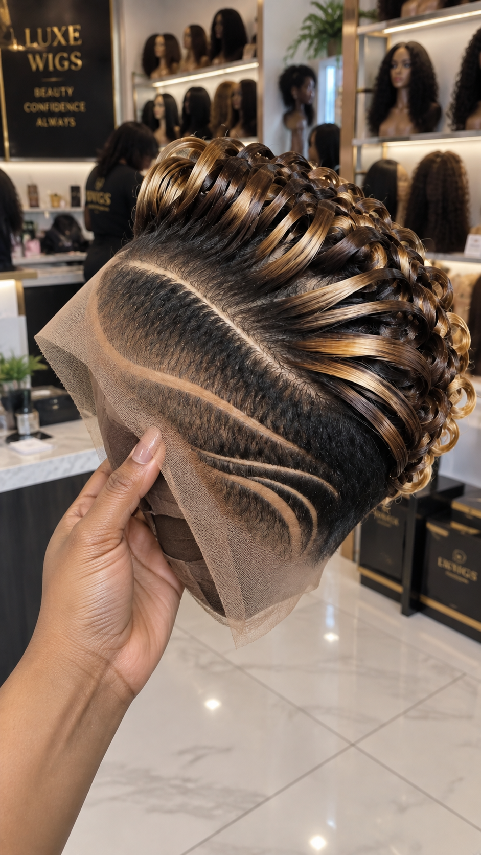 Caramel Blonde Loop Curl Pixie Wig With Dark Tapered Side Design #bwih Caramel Blonde Loop Curl Pixie Wig With Dark Tapered Side Design #bwih