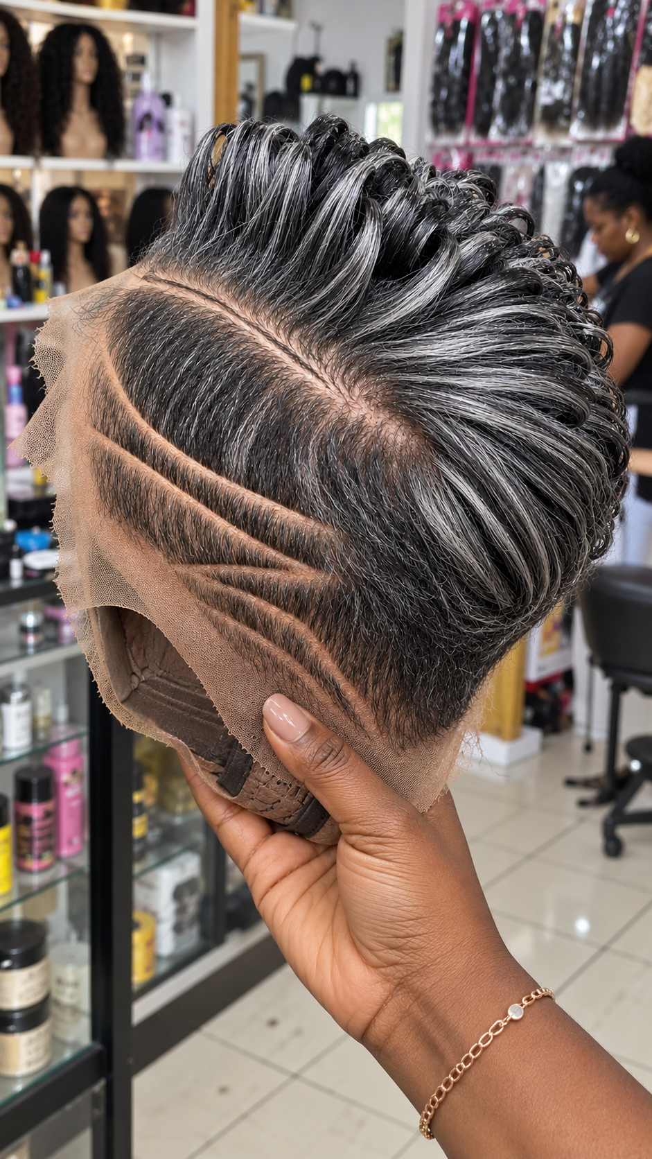 Smoky Silver and Black Swept Pixie Wig With Triple Side Lines #eftr Smoky Silver and Black Swept Pixie Wig With Triple Side Lines #eftr
