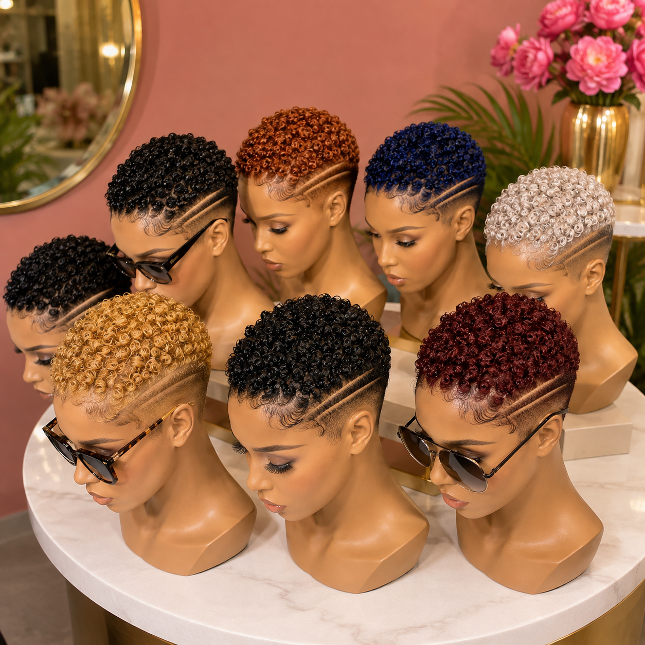 Eight Mannequins In One Studio Showcase Why Dual Razor Stripes Anchor An Entire Palette Of Short Pixie Wigs #ss Eight Mannequins In One Studio Showcase Why Dual Razor Stripes Anchor An Entire Palette Of Short Pixie Wigs #ss