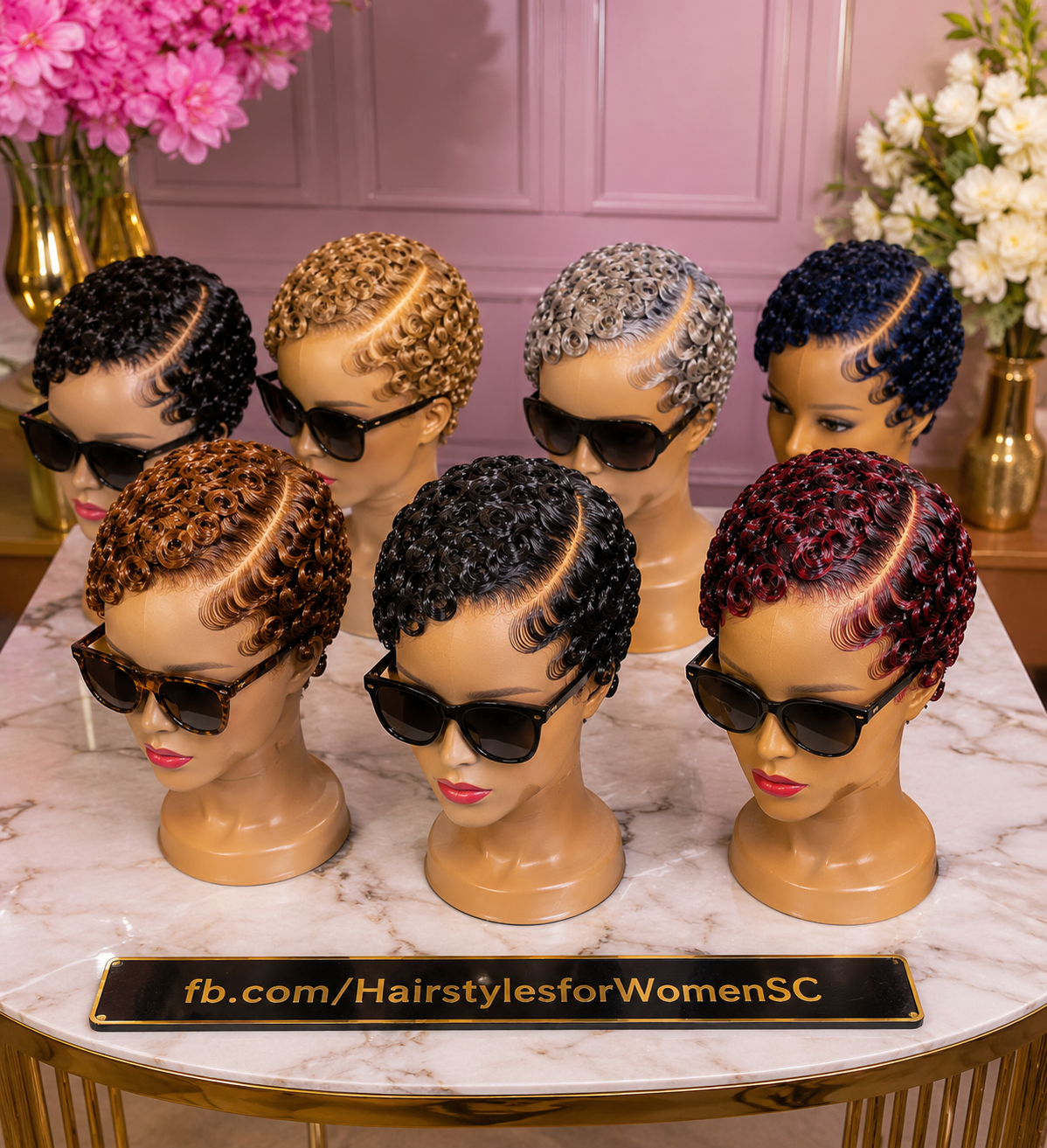 Seven Salon Mannequins Reveal How A Diagonal Scalp Part Directs Finger Waves And Rosette Curls Across Vibrant Pixie Wigs #hwby