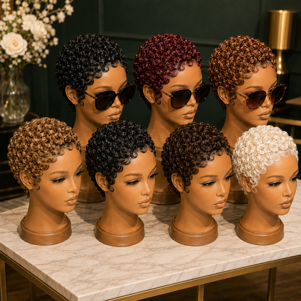 Seven Studio Mannequins Highlight How Full-Crown Rosette Pin Curls Create Uniform Texture Across Custom Pixie Wigs #haircutsforwomenn Seven Studio Mannequins Highlight How Full-Crown Rosette Pin Curls Create Uniform Texture Across Custom Pixie Wigs #haircutsforwomenn
