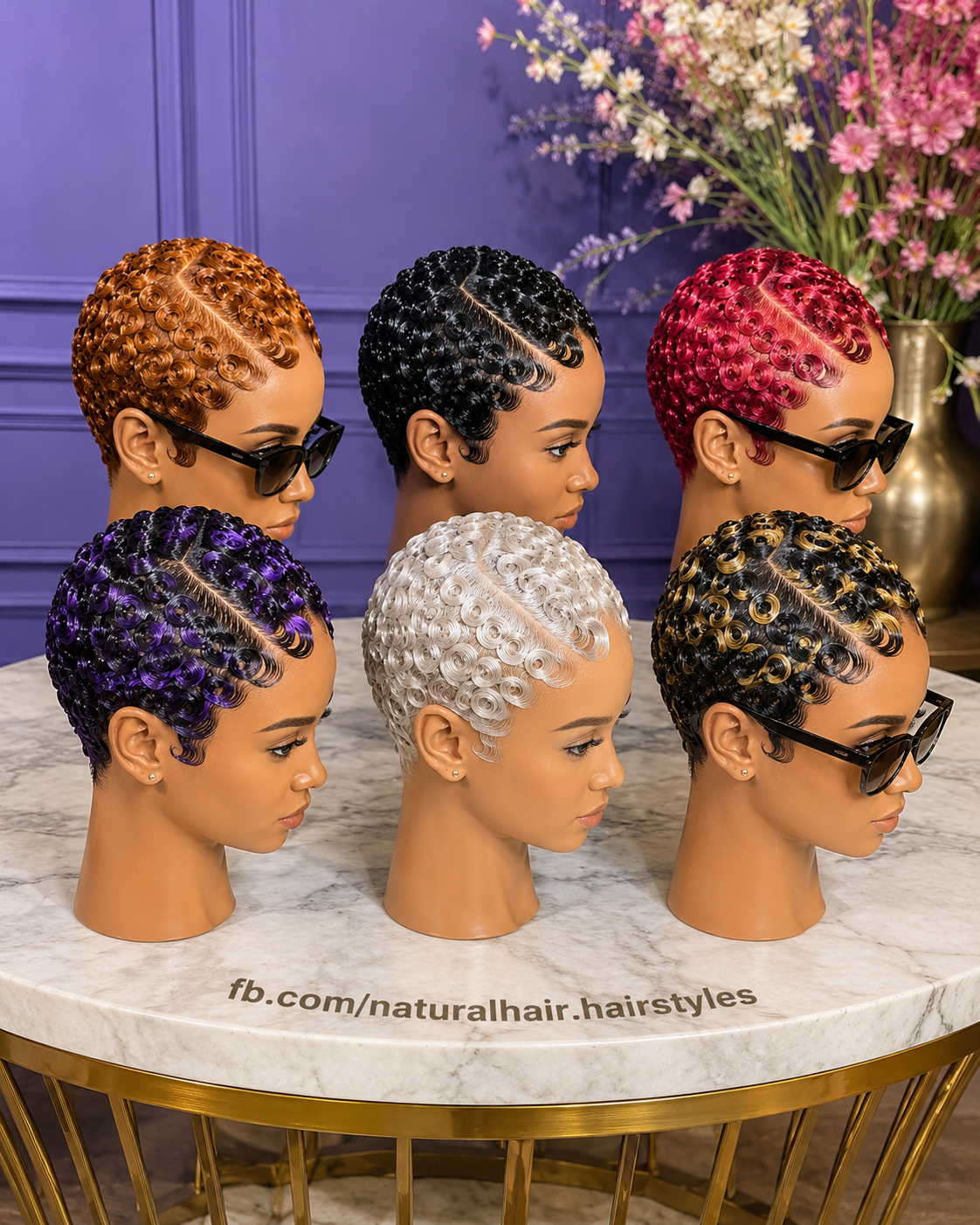 Six Mannequins On A Studio Pedestal Showcase How Hollow Rosette Pin Curls Define A Full Spectrum Of Short Pixie Wigs #natu Six Mannequins On A Studio Pedestal Showcase How Hollow Rosette Pin Curls Define A Full Spectrum Of Short Pixie Wigs #natu