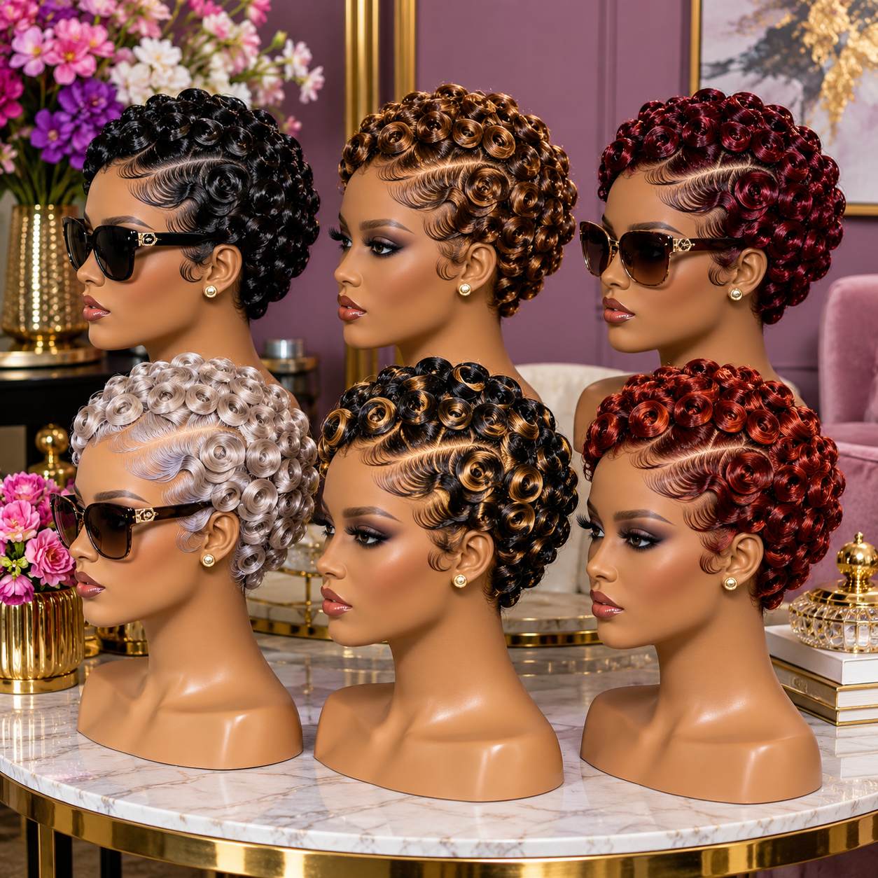 Six Sculpted Ringlet Pixie Wigs With Finger Waves in Black, Caramel, Burgundy, Silver and Copper #bb Six Sculpted Ringlet Pixie Wigs With Finger Waves in Black, Caramel, Burgundy, Silver and Copper #bb