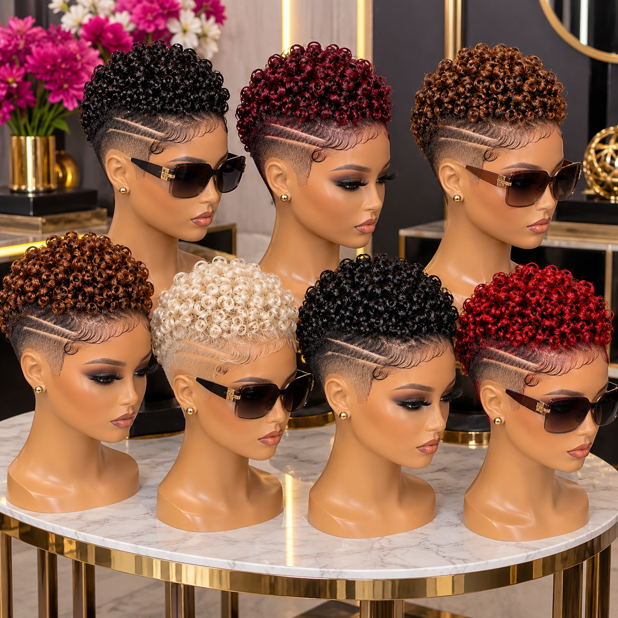 Glossy Ringlet Pixie Wigs With Side Lines in Six Statement Colors #br Glossy Ringlet Pixie Wigs With Side Lines in Six Statement Colors #br