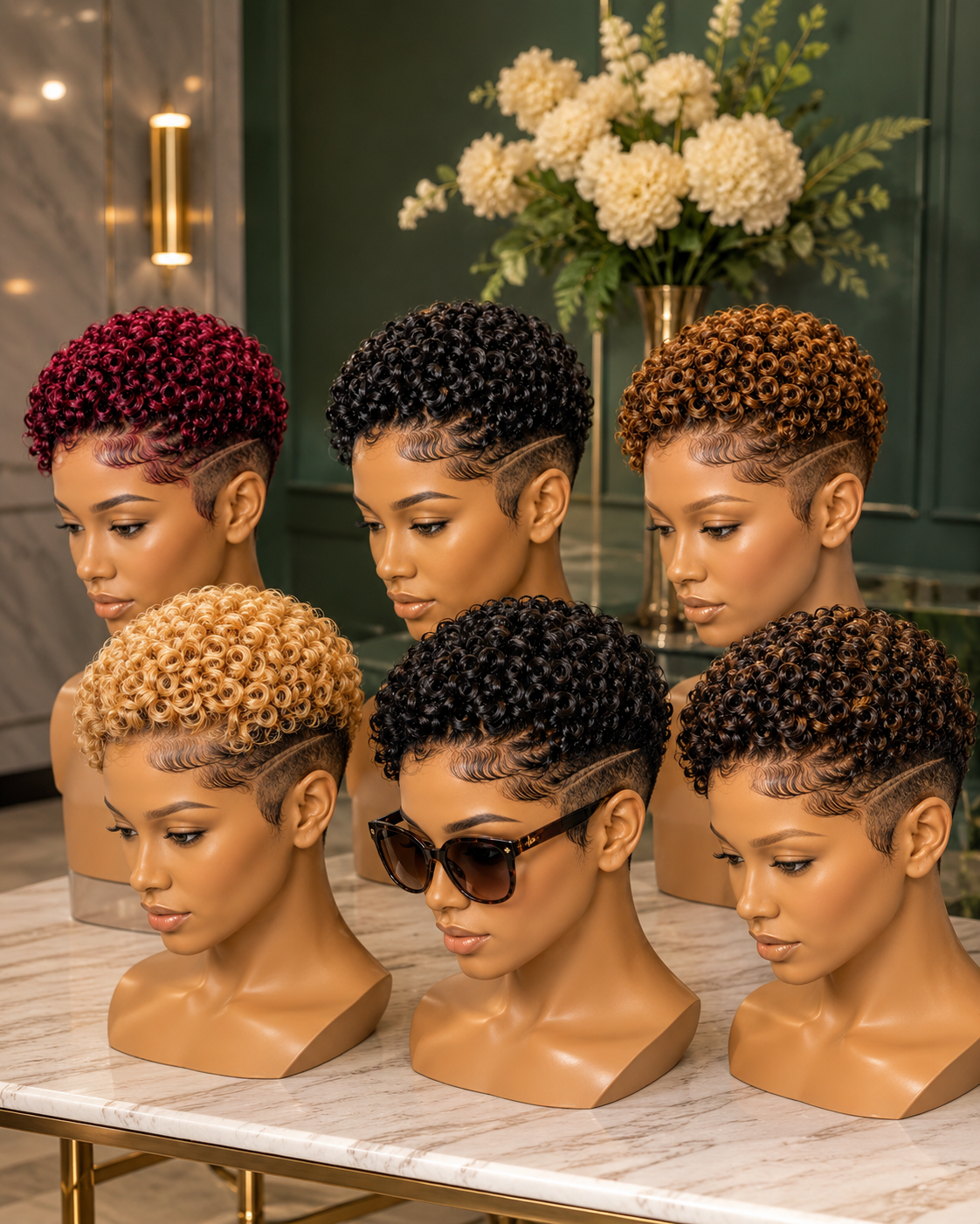 Six Studio Mannequins Demonstrate How Single Diagonal Razor Tracks Anchor Vibrant Cylindrical Ringlet Pixie Wigs #bb Six Studio Mannequins Demonstrate How Single Diagonal Razor Tracks Anchor Vibrant Cylindrical Ringlet Pixie Wigs #bb