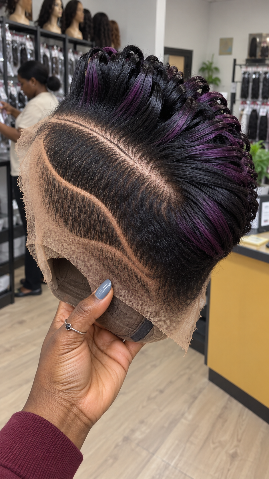 Black Loop Pixie Wig With Plum Purple Highlights and Curved Side Part #apdh Black Loop Pixie Wig With Plum Purple Highlights and Curved Side Part #apdh