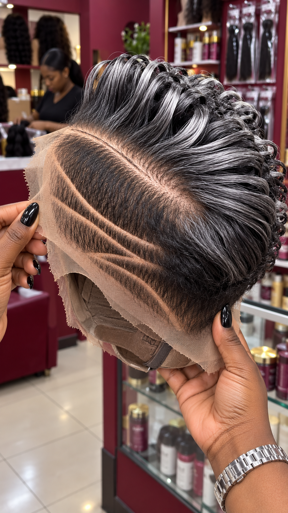 Silver Smoke Pixie Lace Wig With Dark Roots and Sweeping Side Detail #afth