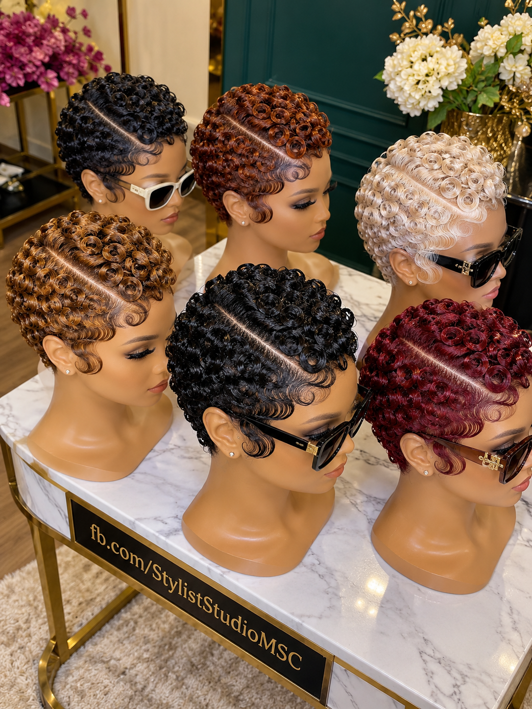 Six Glossy Finger-Wave Pixie Wigs in Black, Copper, Blonde and Burgundy #ss Six Glossy Finger-Wave Pixie Wigs in Black, Copper, Blonde and Burgundy #ss