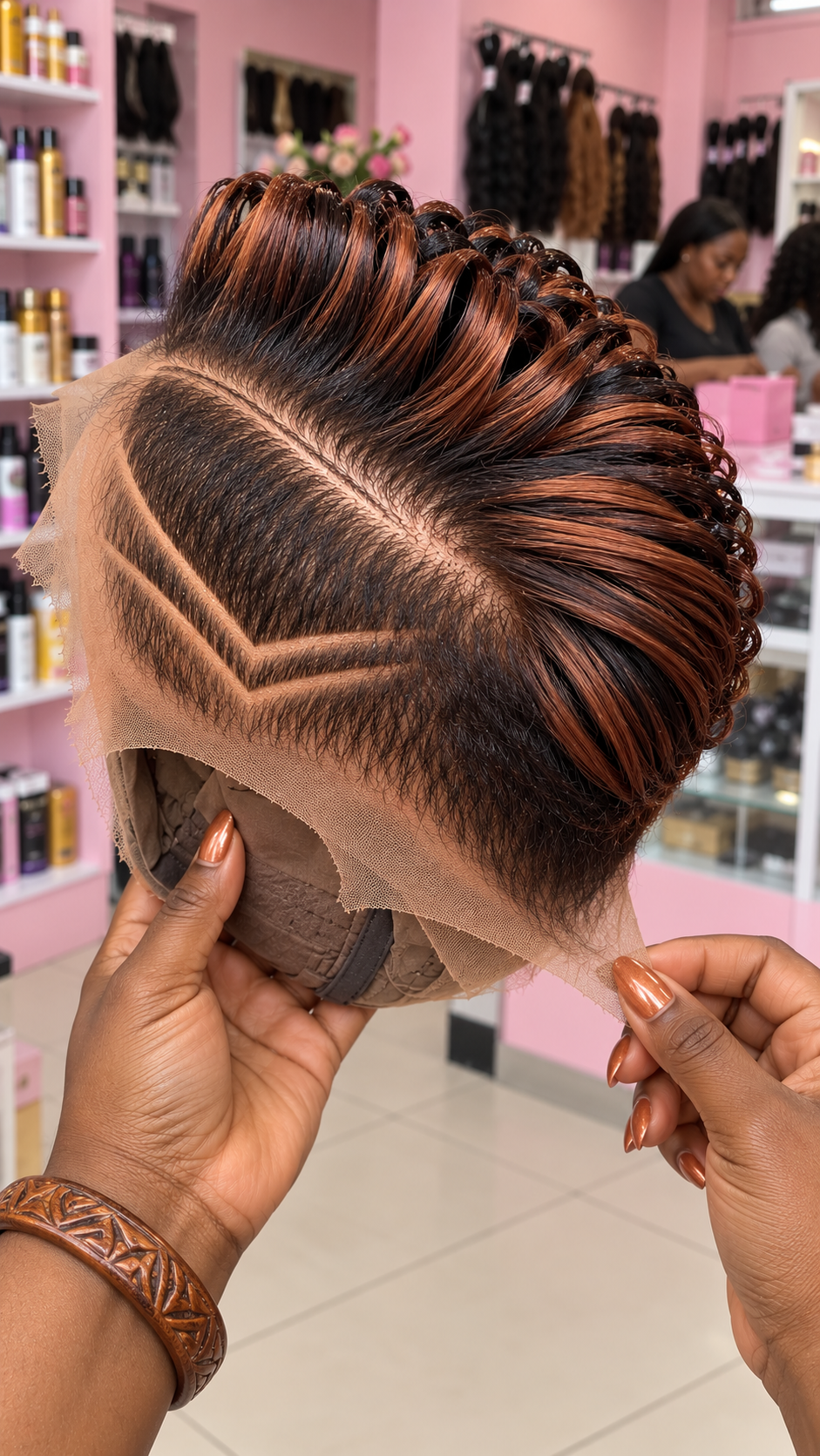 Black And Copper Loop Curl Pixie Wig With Angular Double Side Lines #hwbh Black And Copper Loop Curl Pixie Wig With Angular Double Side Lines #hwbh