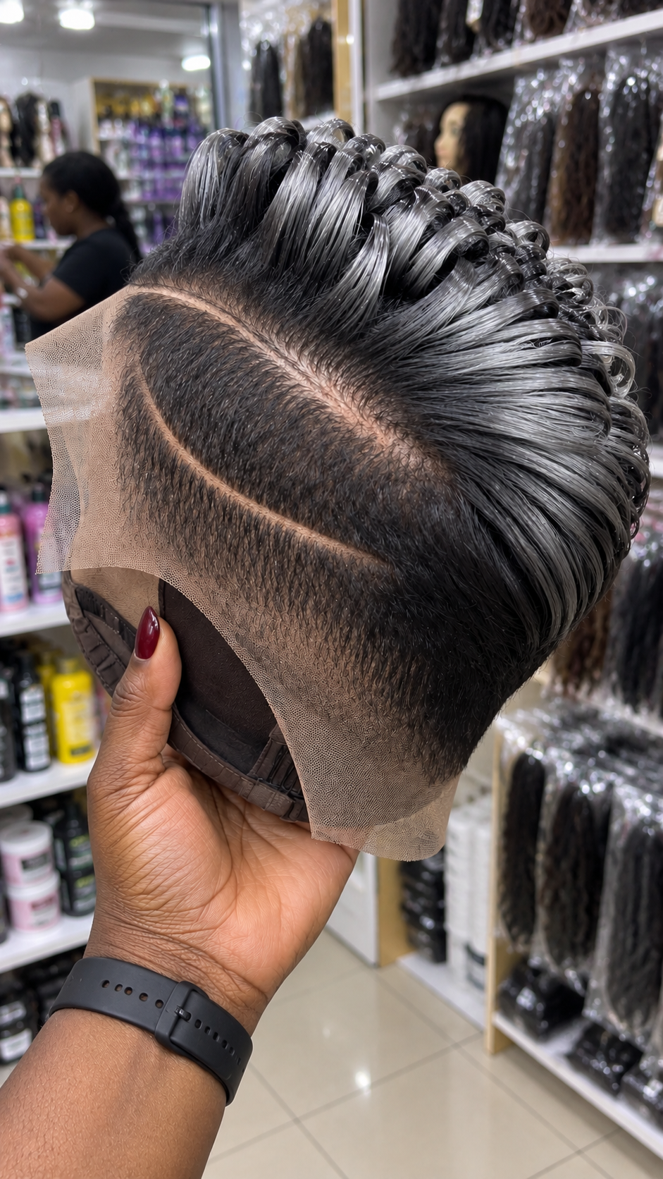 Smoky Silver Loop Curl Pixie Wig With Deep Side Part #ssh