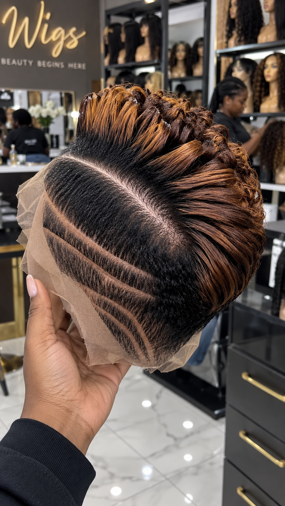 Caramel Copper Sculpted Pixie Wig With Dark Roots And Curved Side Detail #stayh Caramel Copper Sculpted Pixie Wig With Dark Roots And Curved Side Detail #stayh