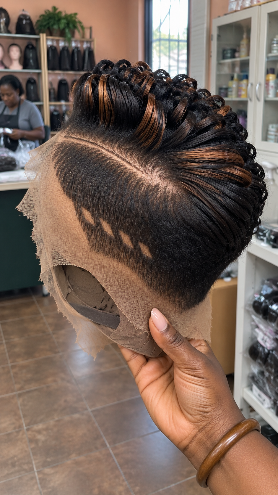 Jet Black Loop Pixie Wig With Copper Highlights and Triple Side Slashes #bestki Jet Black Loop Pixie Wig With Copper Highlights and Triple Side Slashes #bestki