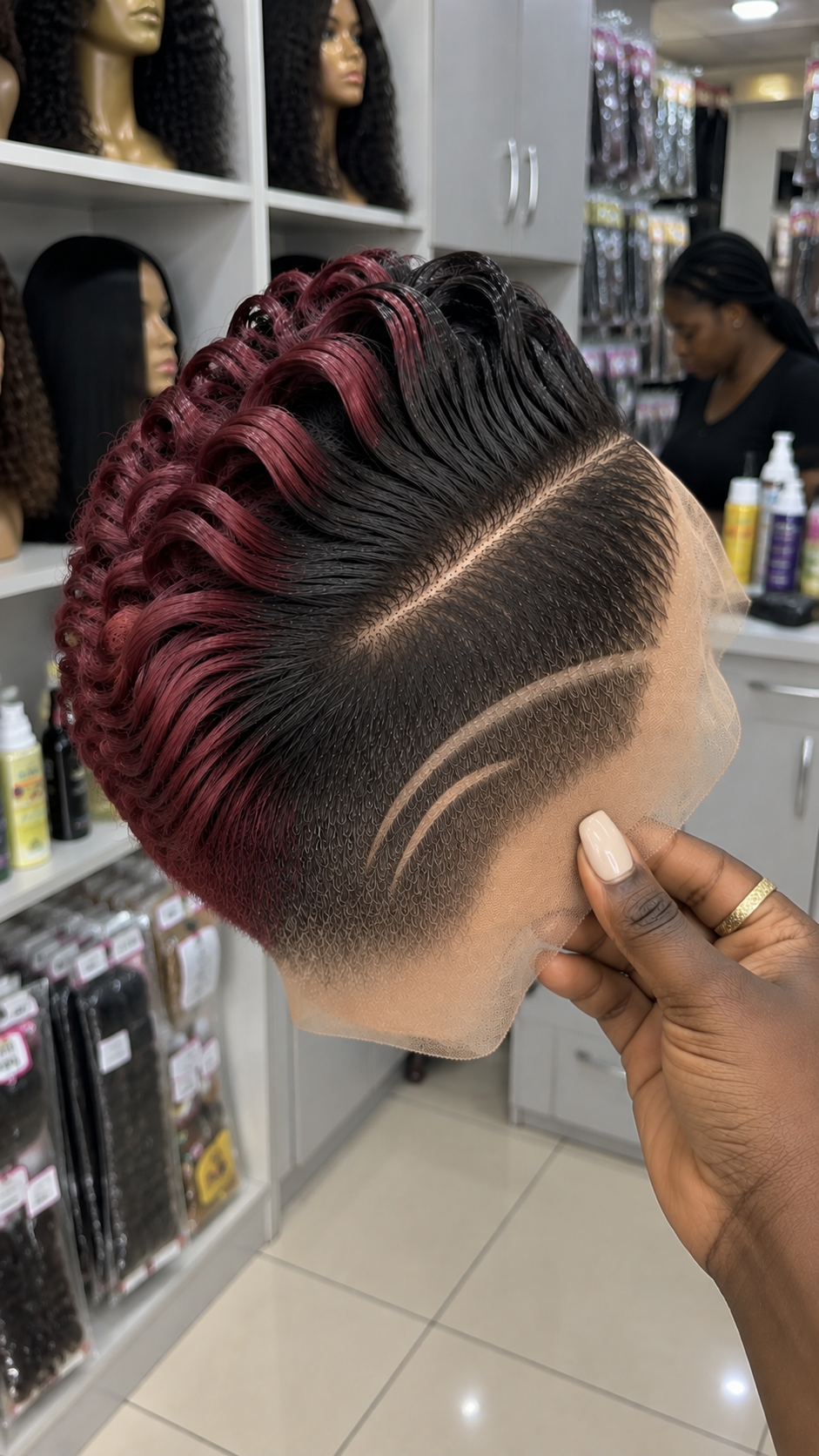 Burgundy Black Loop Crown Pixie Wig With Double Curved Side Lines #yfr Burgundy Black Loop Crown Pixie Wig With Double Curved Side Lines #yfr