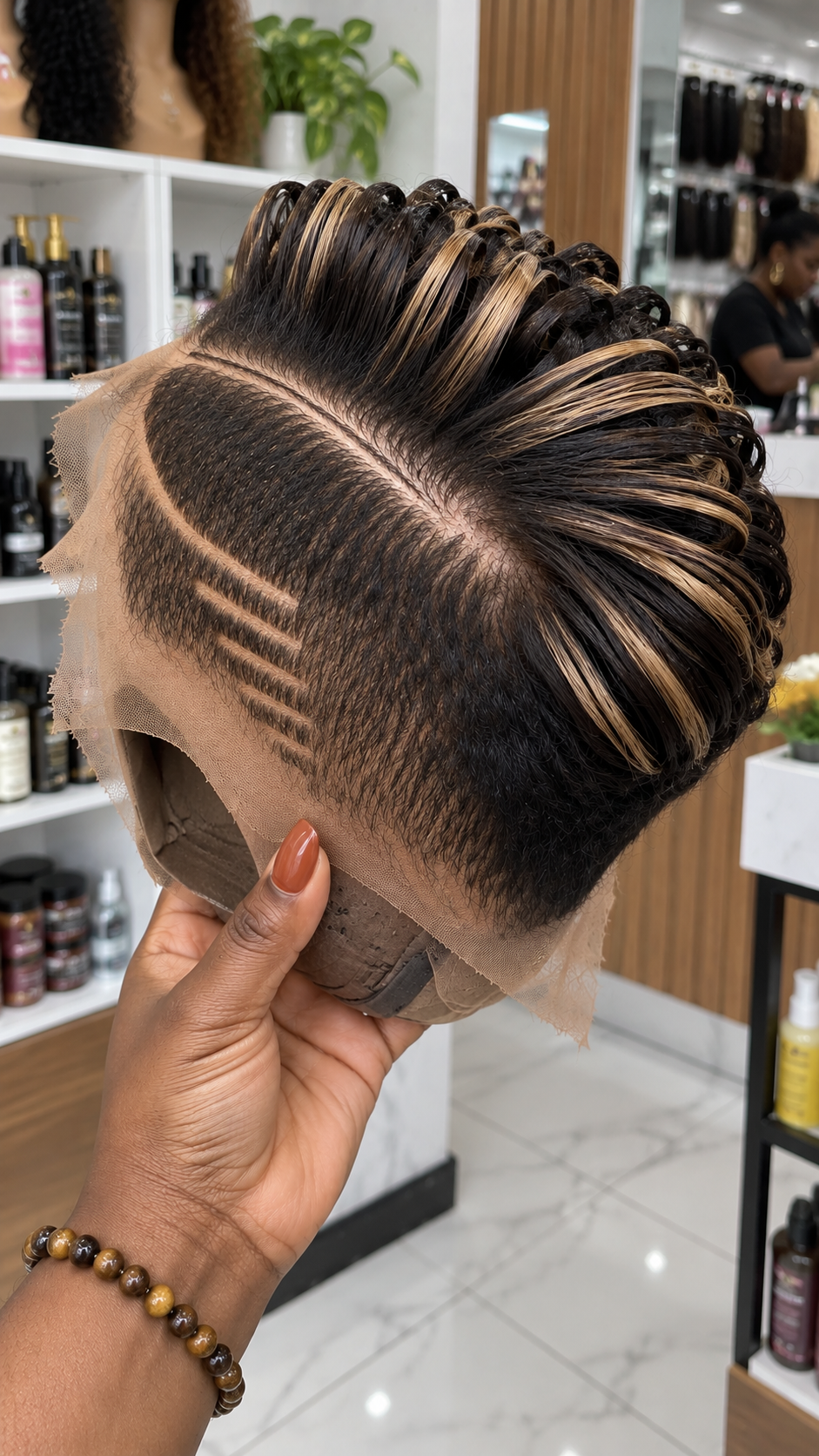 Black and Honey Blonde Swept Pixie Wig With Double Curved Side Lines #afth Black and Honey Blonde Swept Pixie Wig With Double Curved Side Lines #afth