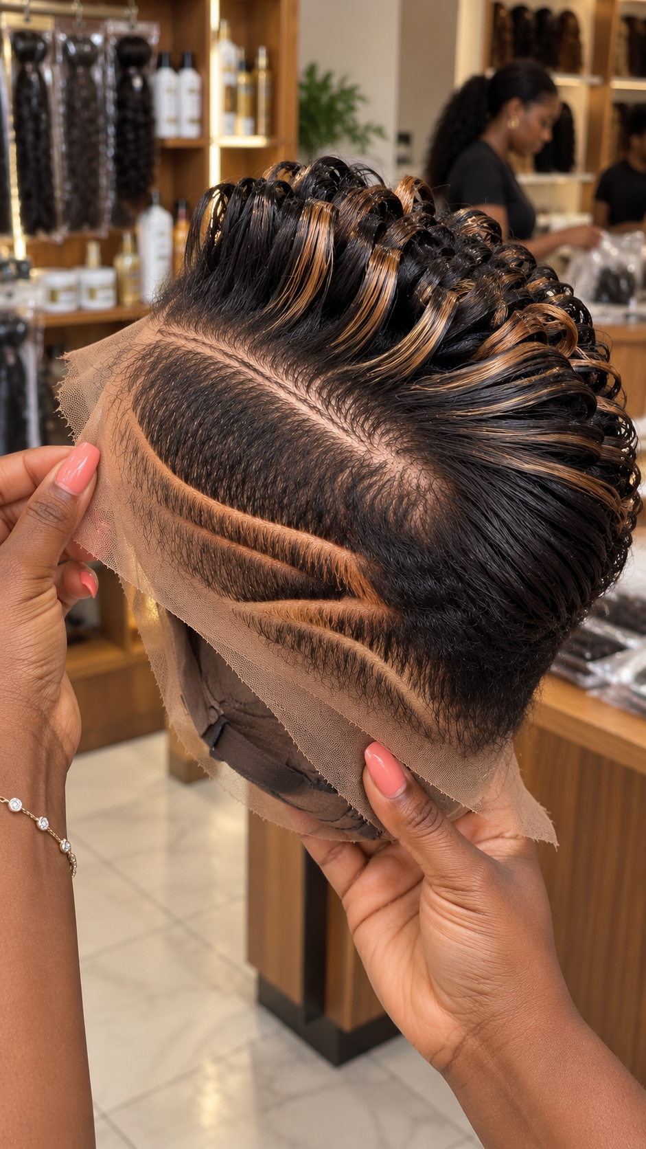 Espresso Black Loop Pixie Wig With Caramel Ribbon Highlights And Twin Side Curves #fah