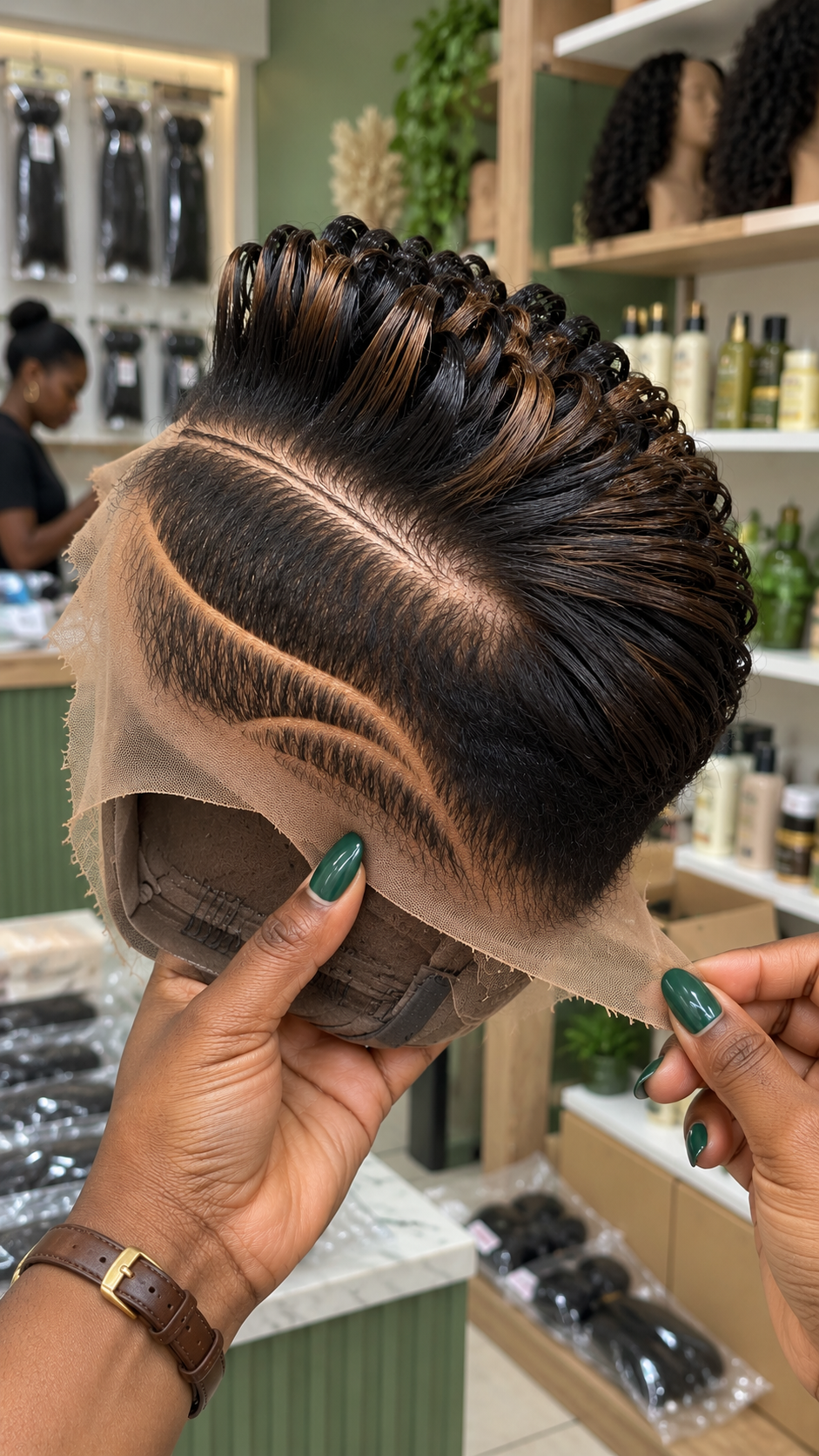 Espresso Black Loop Pixie Wig With Caramel Ribbons And Double Curve Side Detail #afth