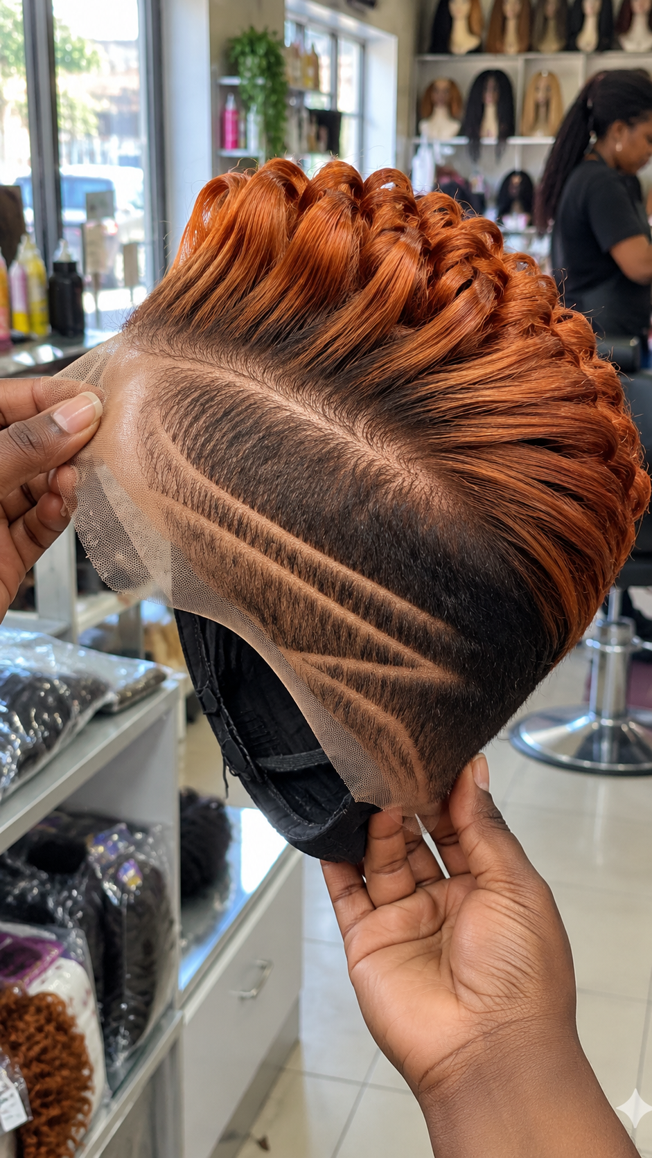 Fiery Copper Loop Pixie Wig With Curved Double Side Lines #afth