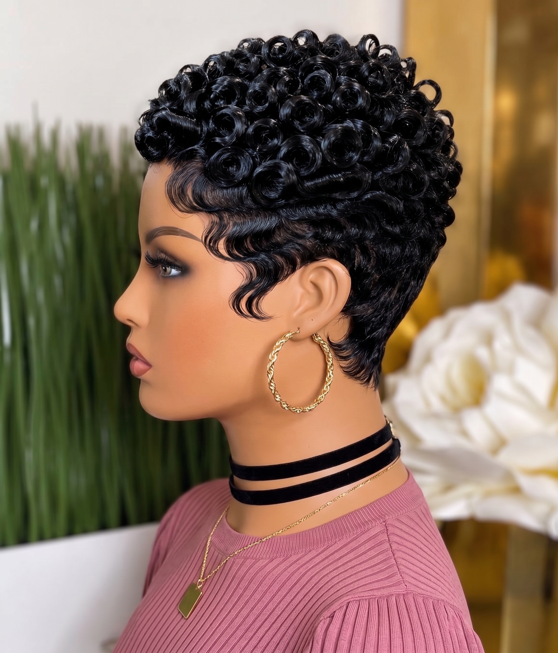 Jet Black Spiral Curl Pixie Wig With Sculpted Temple Waves #haircutsforwomenn Jet Black Spiral Curl Pixie Wig With Sculpted Temple Waves #haircutsforwomenn