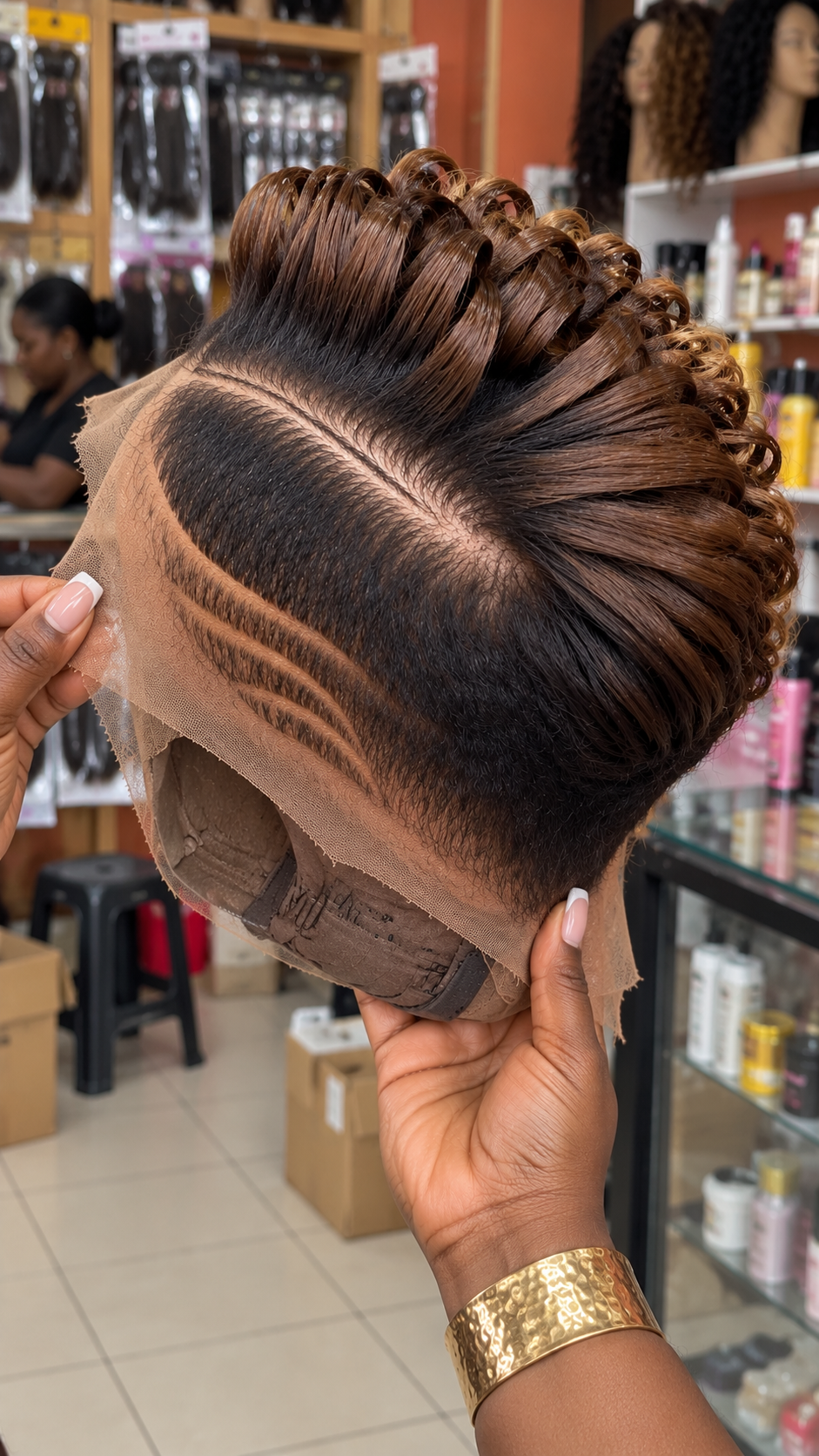 Chocolate Copper Loop Curl Wig With Sculpted Side Lines #brh