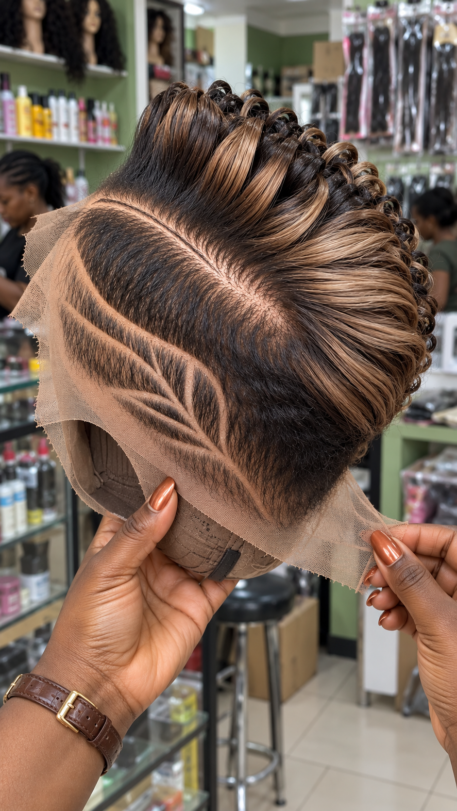Espresso and Caramel Ribbon Curl Pixie Wig With Triple Side Line Detail #fah