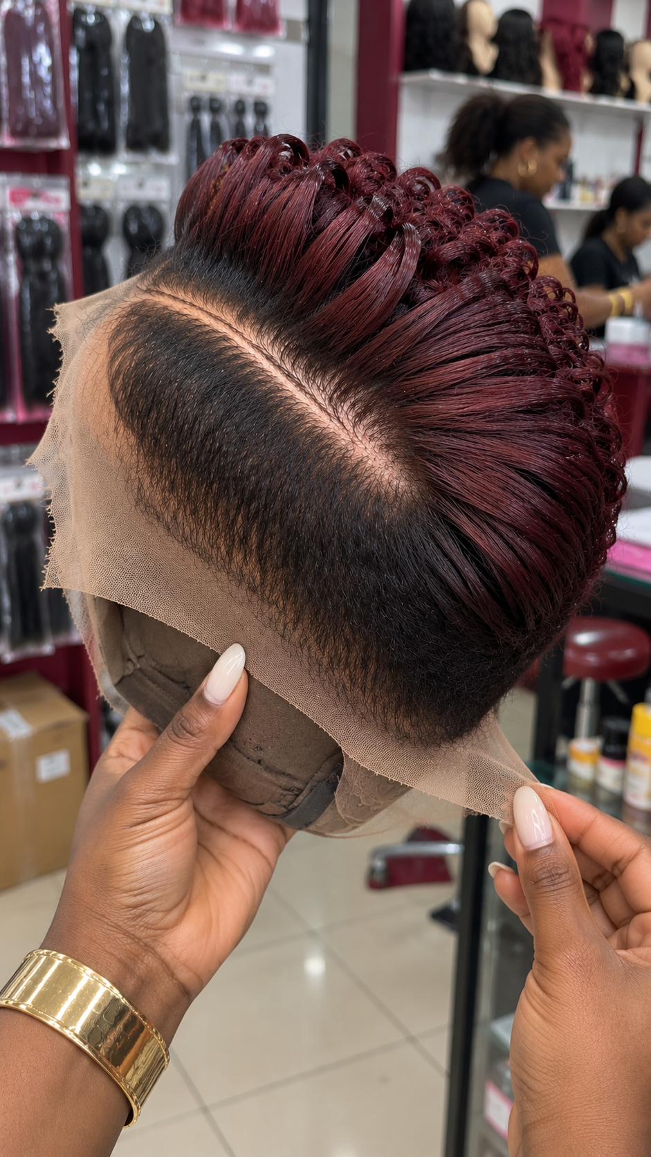 Burgundy Loop Curl Pixie Wig With Deep Side Part and Sculpted Hairline #hwbh